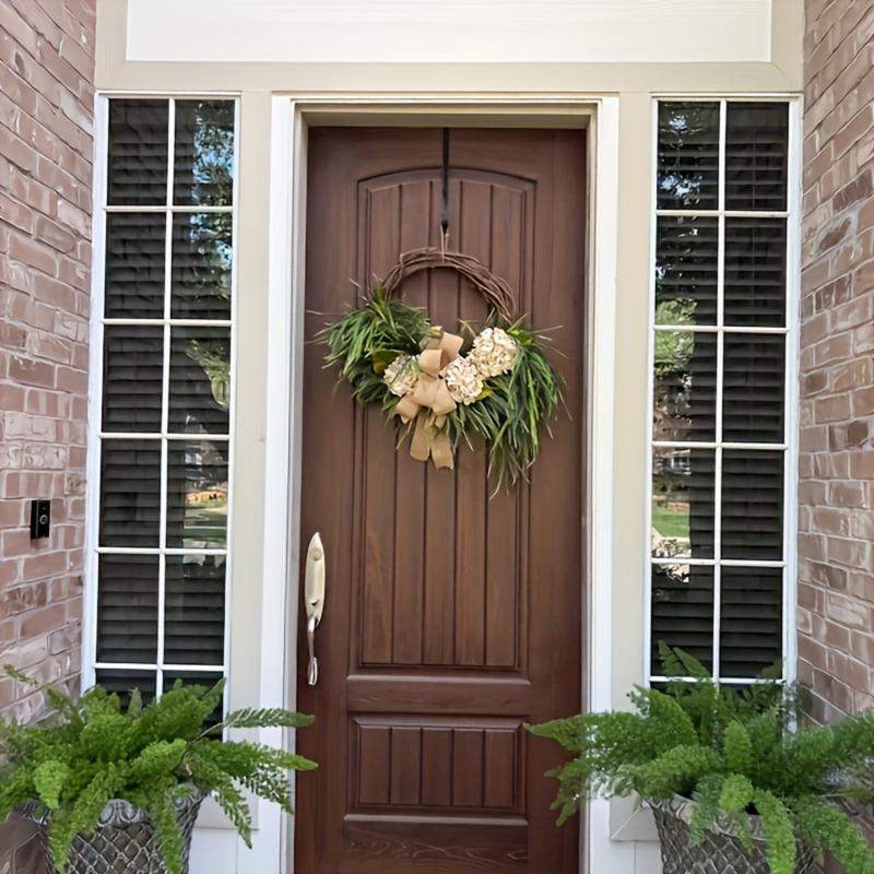 Rustic Bohemian Wreath (Double-Sided Door Hanger, Beige/ Greenery with Bow) | Natural Farmhouse Aesthetic Style, & Faux Plant Material | Front Door Decor, Living Room Accents, Holiday Ornaments (Christmas/ Easter/ Thanksgiving/ Halloween/ Hanu