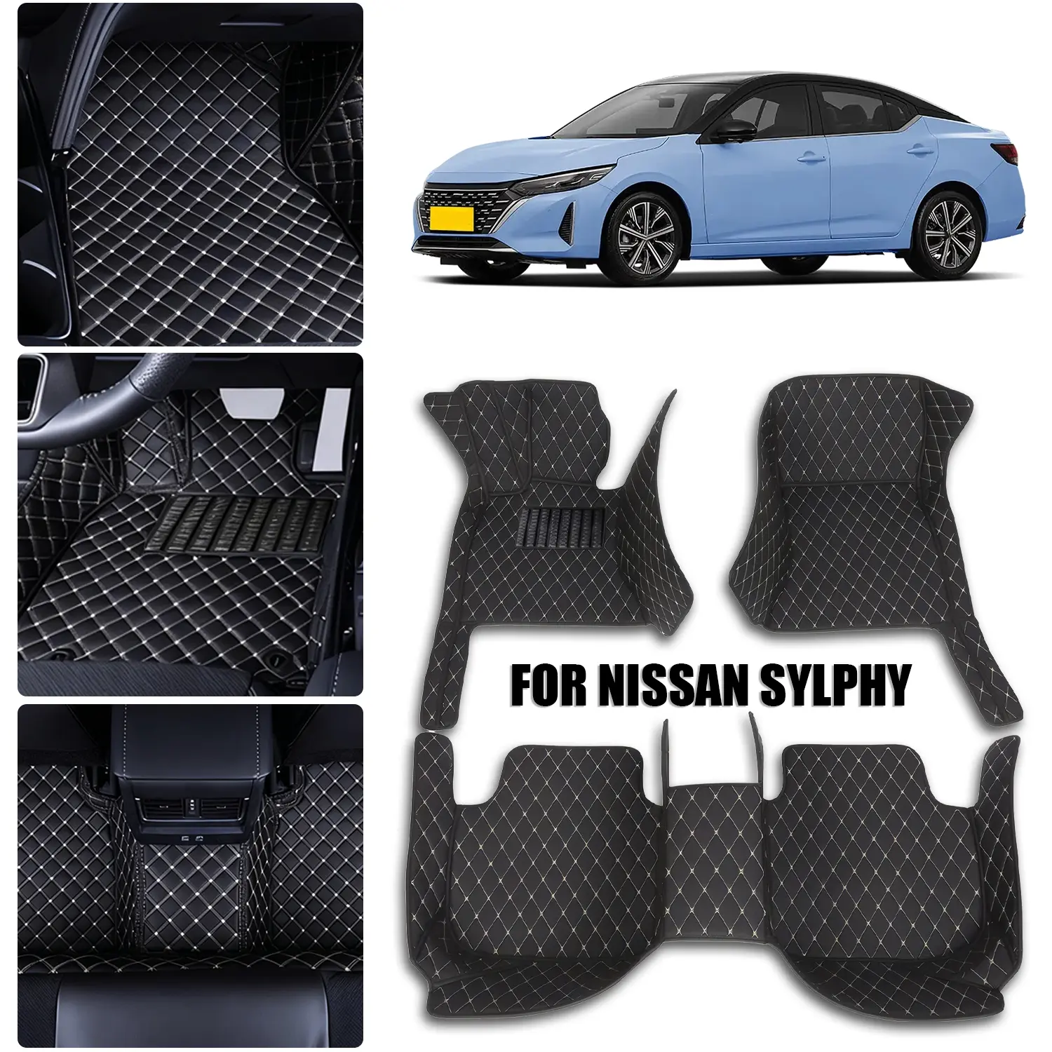 For Nissan Sylphy/Sentra 2018-2020 Left wheel drive car floor mat, front headlight, long rectangular shape, electric power,made of PU leather material and equipped with 360 degree high edge protection, with a non jamming throttle design Car Mats