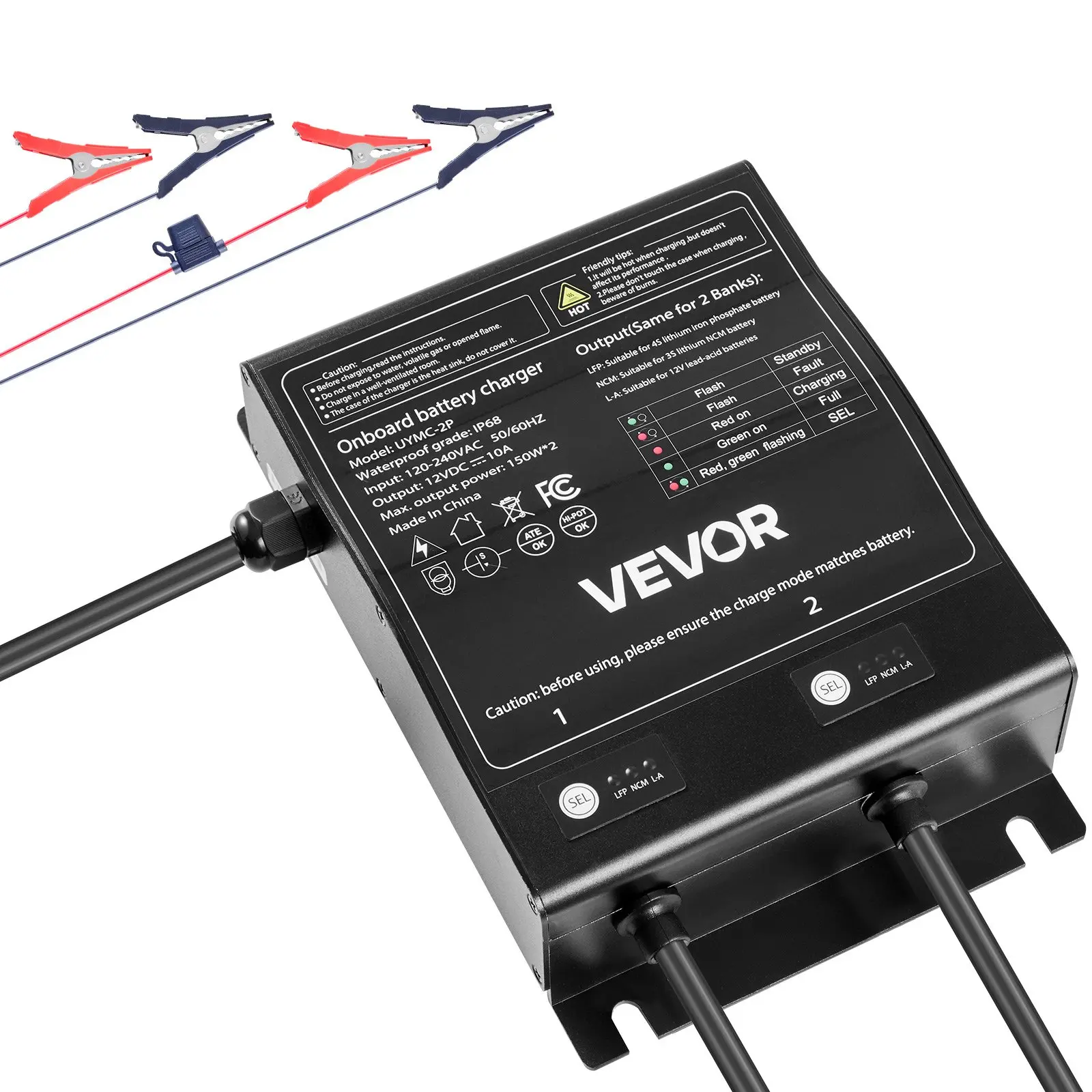 VEVOR Marine Battery Charger, 2-Bank, 10A 12V Onboard Boat Charger, IP68 Waterproof Smart On-Board Battery Charger, for Lithium-Ion (LiFePO4), NCM, Lead-Acid Batteries, Large Boat, Yacht, RV, Trailer