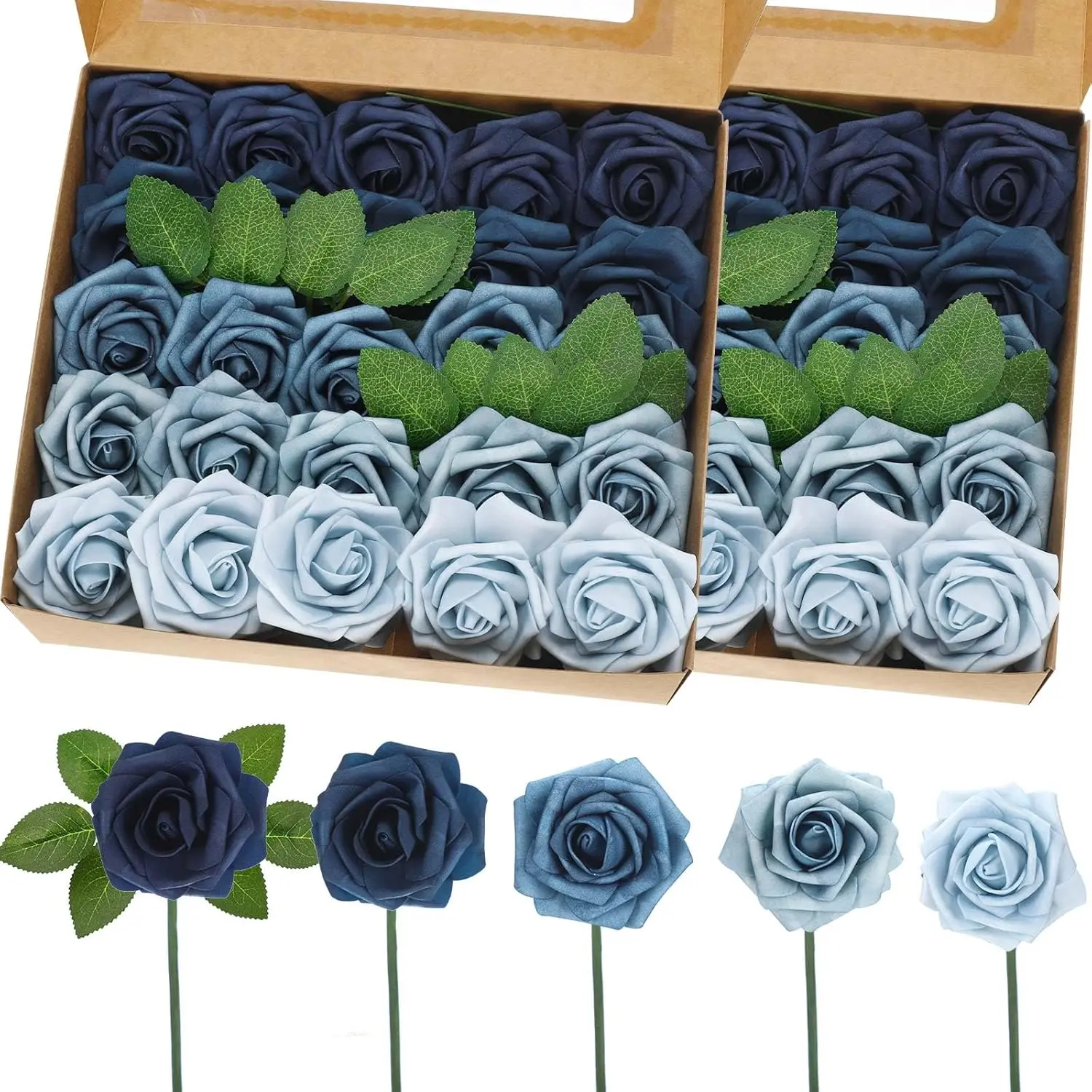 50 Pcs Artificial Flowers Roses,Shades of Blue | Foam Faux Rose with Stems, DIY Wedding Bouquets, Baby Shower, Centerpieces, Floral Arrangements, Christmas, Party Decorations
