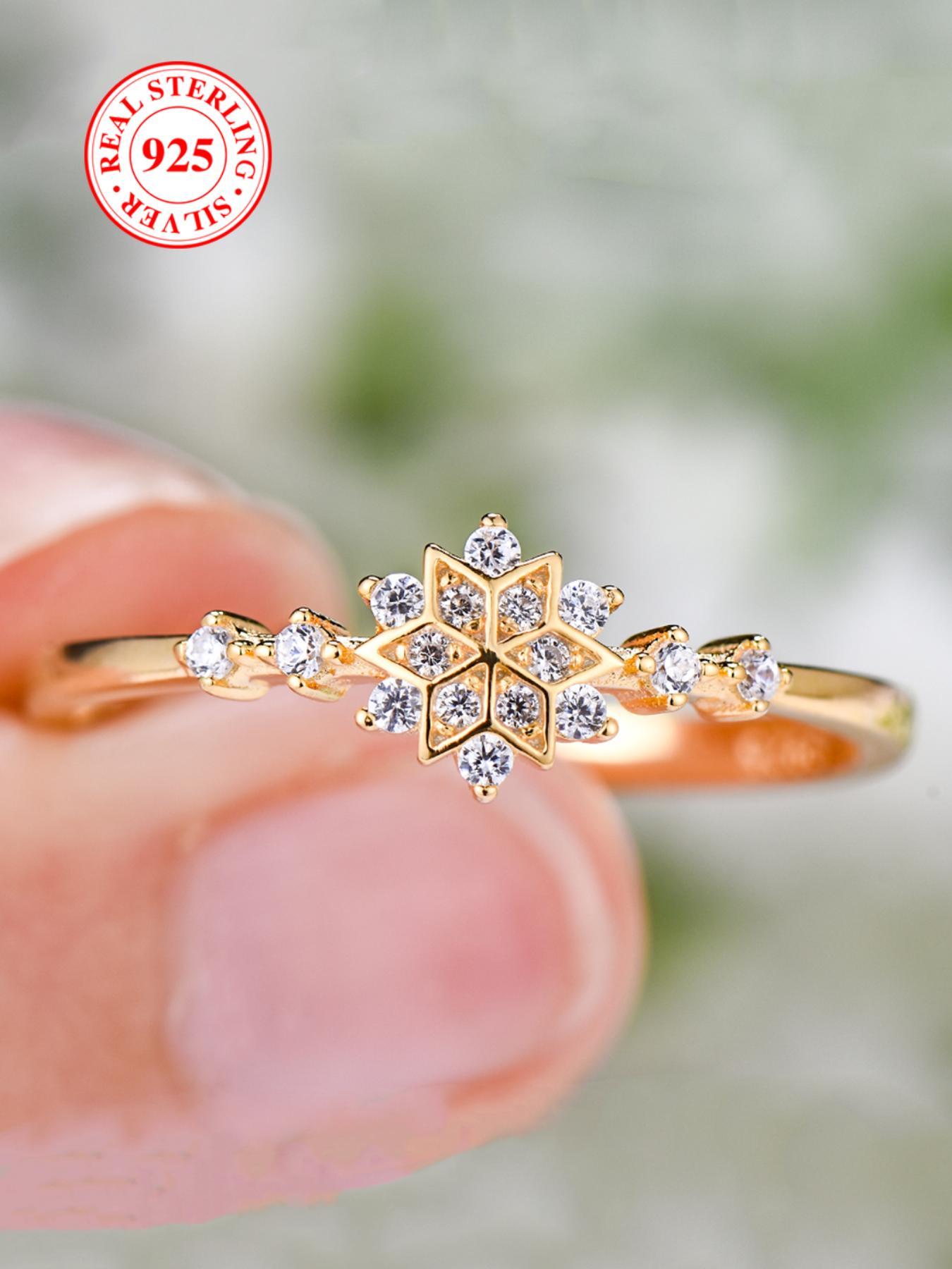 S925 Sterling Silver Snowflake Design Ring, Rhinestone Decor Wedding Engagement Ring, Fashion Accessories for Women & Girls, Trendy All-match & Exquisite Jewelry for Birthday Gift, with Box