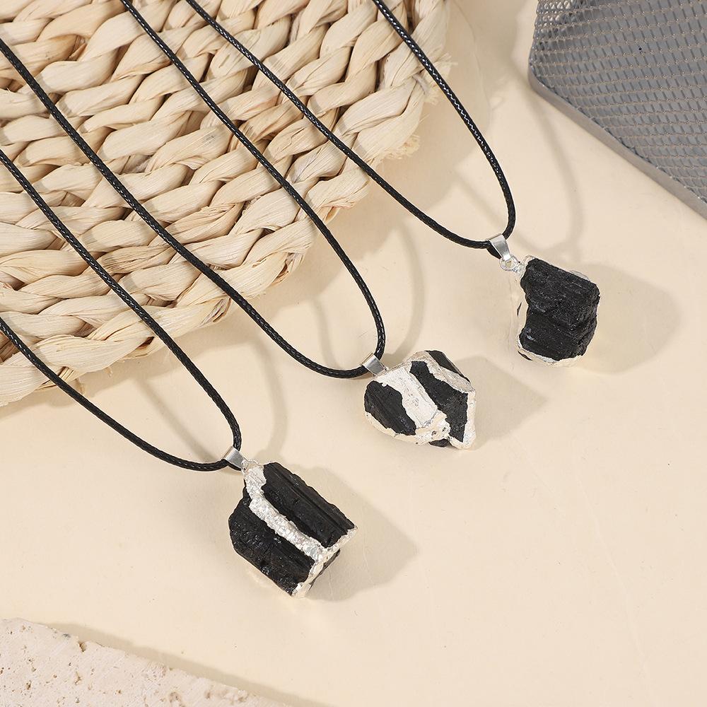 Natural Black Tourmaline Raw Stone Gold Plated Edge Pendant Necklace with Black Leather Cord, Healing Crystal Protection Jewelry, Trendy Minimalist Energy Stone Necklace for Men Women, Spiritual Negative Energy Cleansing Amulet for Daily Wear