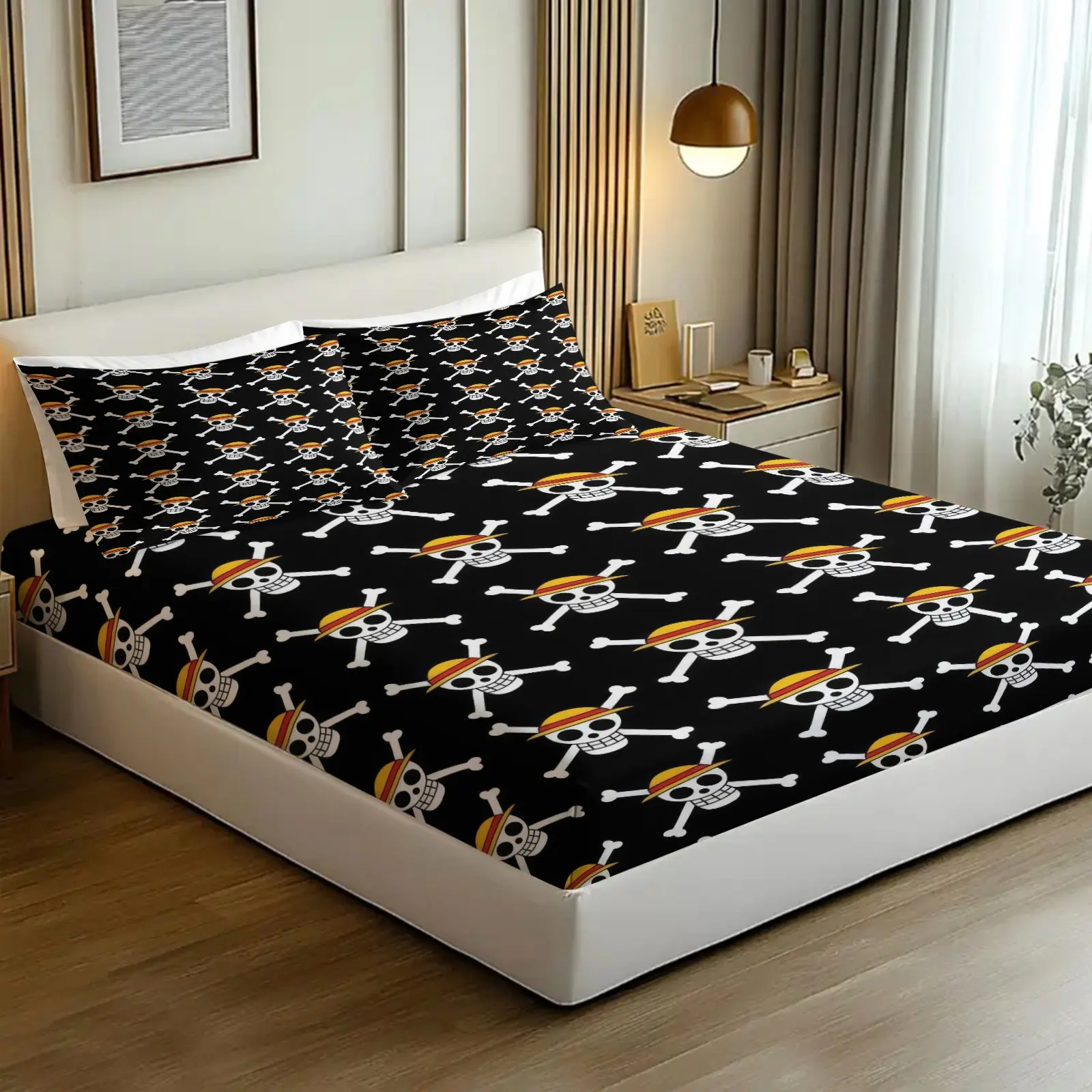 Dark Base Cartoon Pirate Skull Holiday Design 3 Piece Set, Fitted Sheet Set, Holiday Bedding Set, Dust‑Resistant Fitted Sheet, High‑Definition Digital Printing, No Filling for Apartment, Bedroom