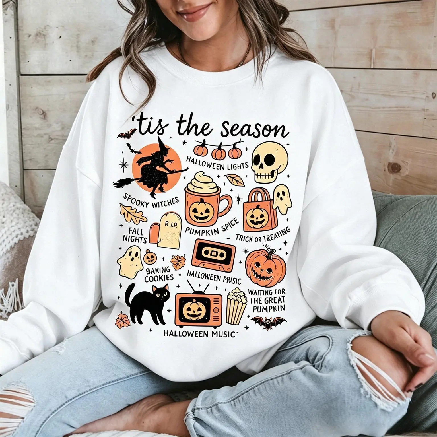 Women's Graphic Crew Neck Cotton Blend Pullover Sweatshirt - Tis The Season Halloween Collage Print, Vintage Witch Pumpkin Ghost Skull Design, Soft Loose Long Sleeve, Casual Fall Essential, Machine Washable, Hoodie, Polyester, Leggings, Vibe