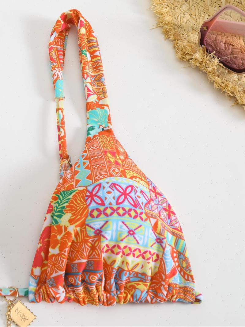 Women's Floral Bikini Set, Sexy Triangle Two-Piece Swimsuit, Sleeveless Party Style, All-Season Wear, Tie Back Design