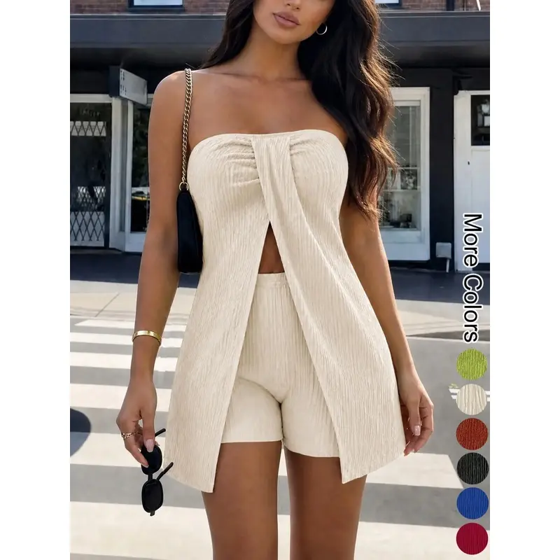 Two-Piece Set Outfit Women's Matching Solid Ribbed Strapless Crop Tube Top with Slit & Shorts, Casual Fashion Cozy Fabric for Daily Outdoor Wear, Ladies Clothes for Summer, Womenswear, Pajama