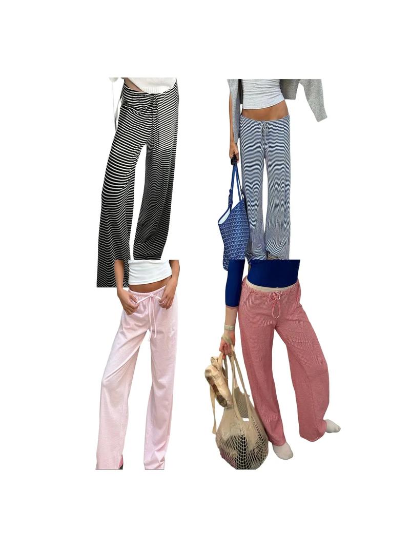 Women's Striped Print Drawstring Waist Straight Leg Pants, Casual Comfy Drop Waist Trousers for Daily Wear, Ladies Bottoms for Summer