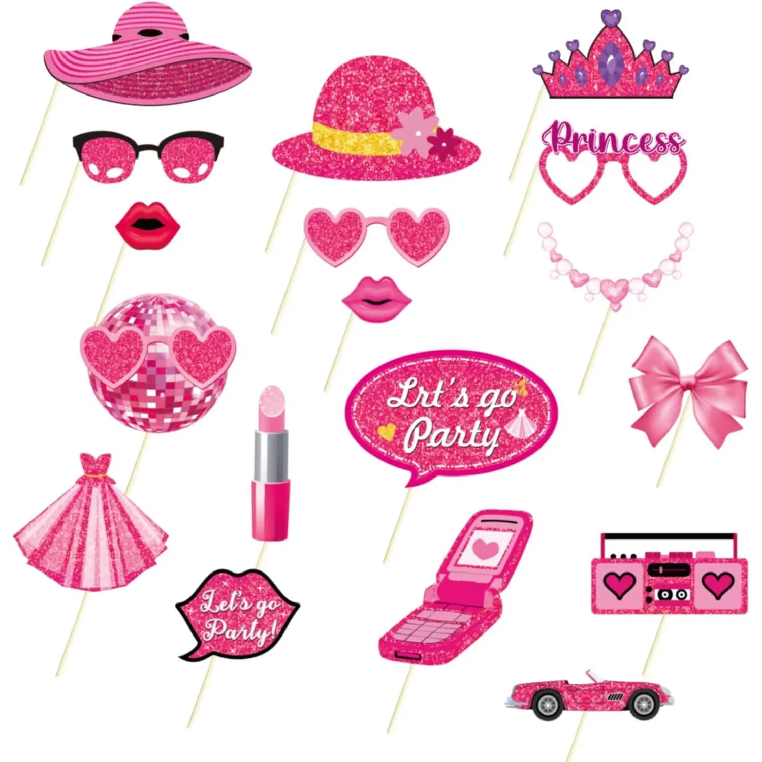18-  Photo Booth Props for Parties, Sturdy Cardboard Props for Birthday, Bridal Shower, Bachelorette & Wedding, Includes Crown, Lips, Sunglasses, High Heel &