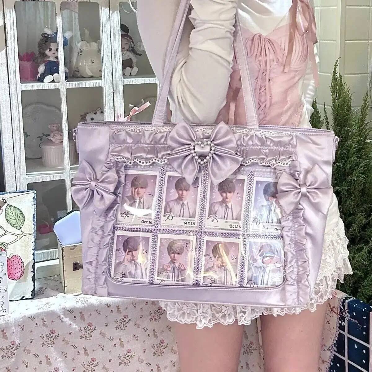 New Y2k Sweet Ita Shoulder Bag Lolita Girl Transparent Crossbody Bag Women Large Capacity Lace Tote Bag Cute DIY Display Handbag