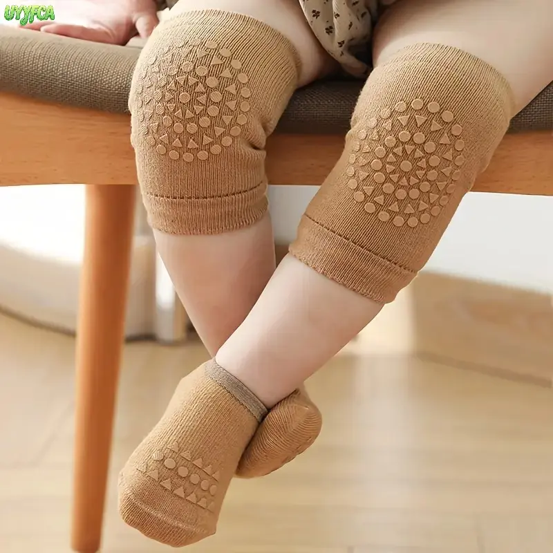 Baby Knee Pad & Sock Set, 4-Piece Plain Solid Breathable Knit Indoor Wear for Toddlers, Protective Gear with Grip Dots for Crawling