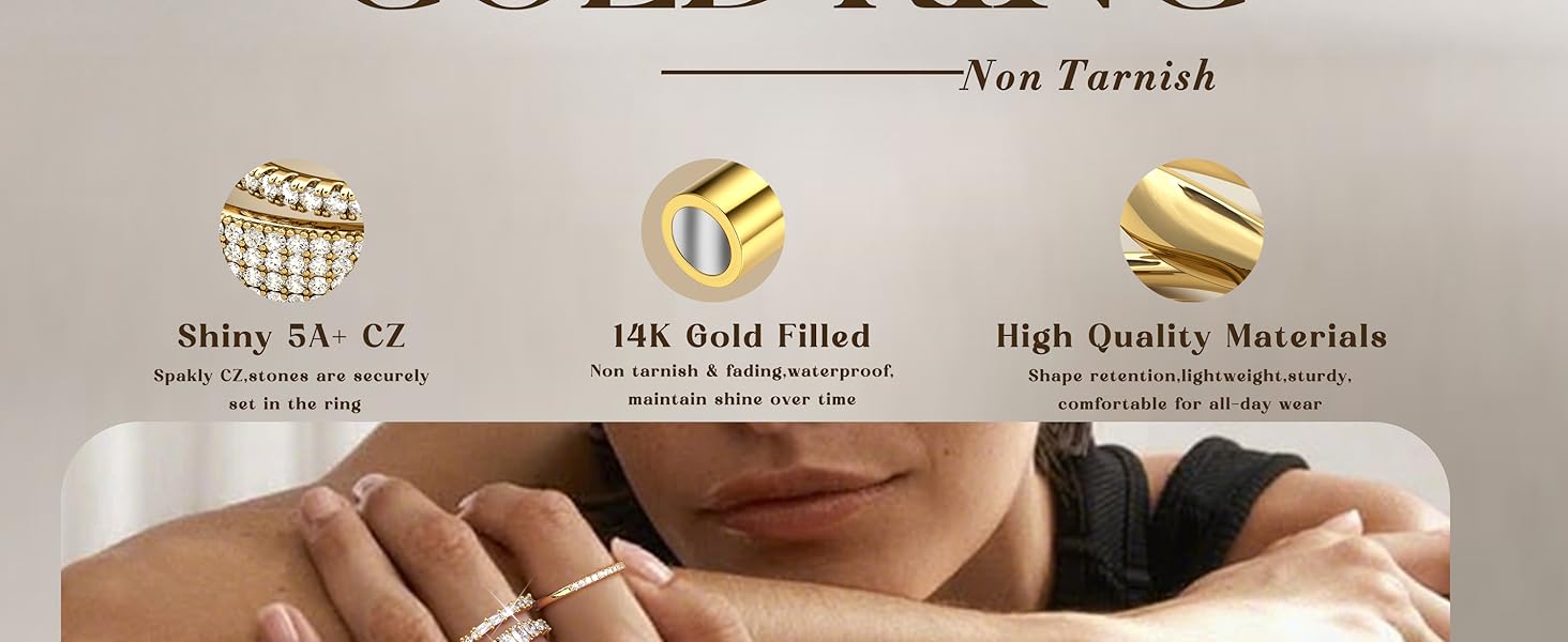 FIBO 4 Pairs Stackable Rings Set for Women Non 14K Gold Plated Tarnish Dainty Cubic Zirconia Wedding Bands Ring Set Minimalist Statement Engagement Ring Promise Thumb Rings Trendy Jewelry Gifts Size 5-10