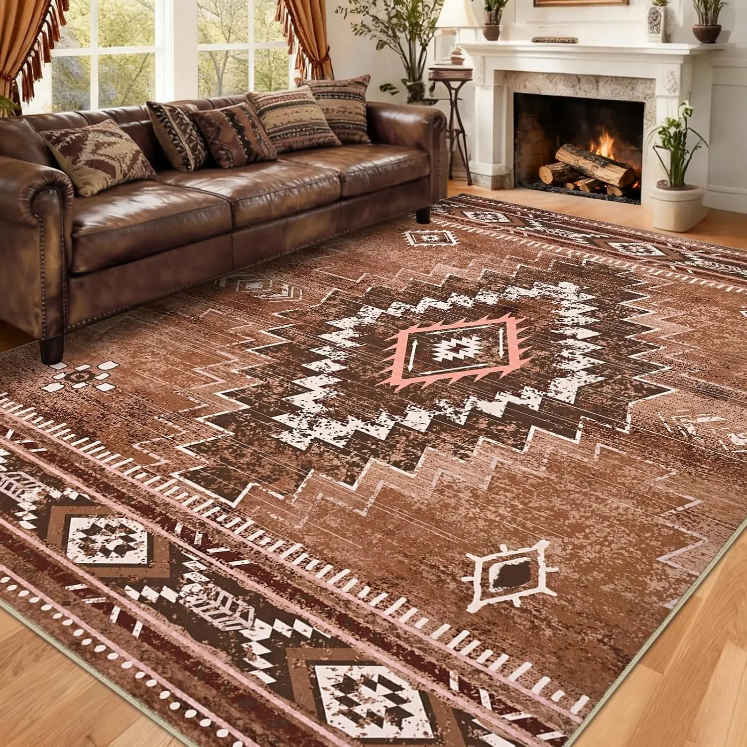 Living Room Rug 6x9,  Washable Rug for Bedroom, Brown Aztec Area Rugs Non-Slip with Rubber Backing, Soft Non-Shedding Carpet for Office