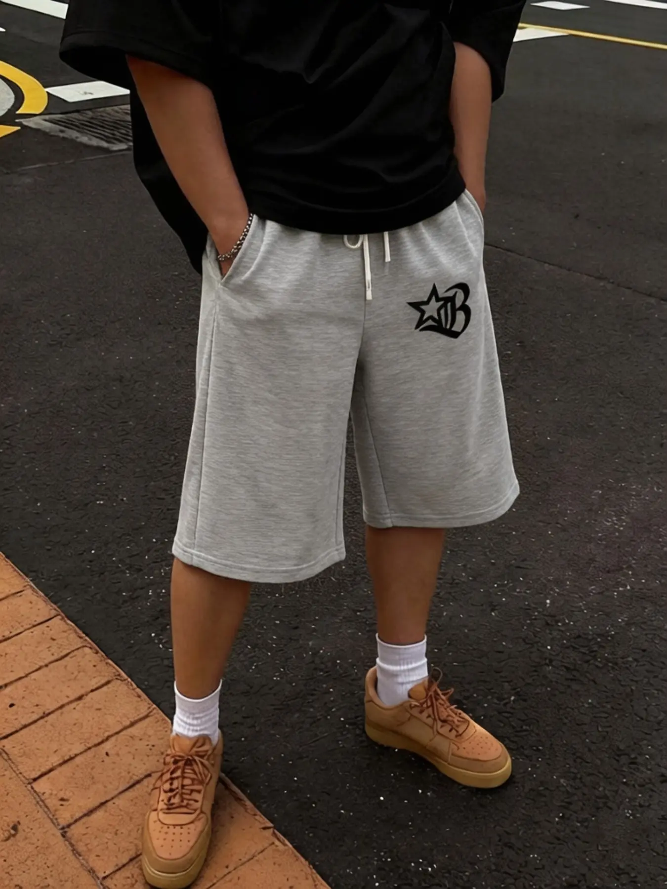 Men's Star-Shaped B-Style Wide-Leg Seven-Eighths Sports Pants, Adjustable Drawstring Elastic Waist, Side Pockets, Y2K Hip-Hop Streetwear