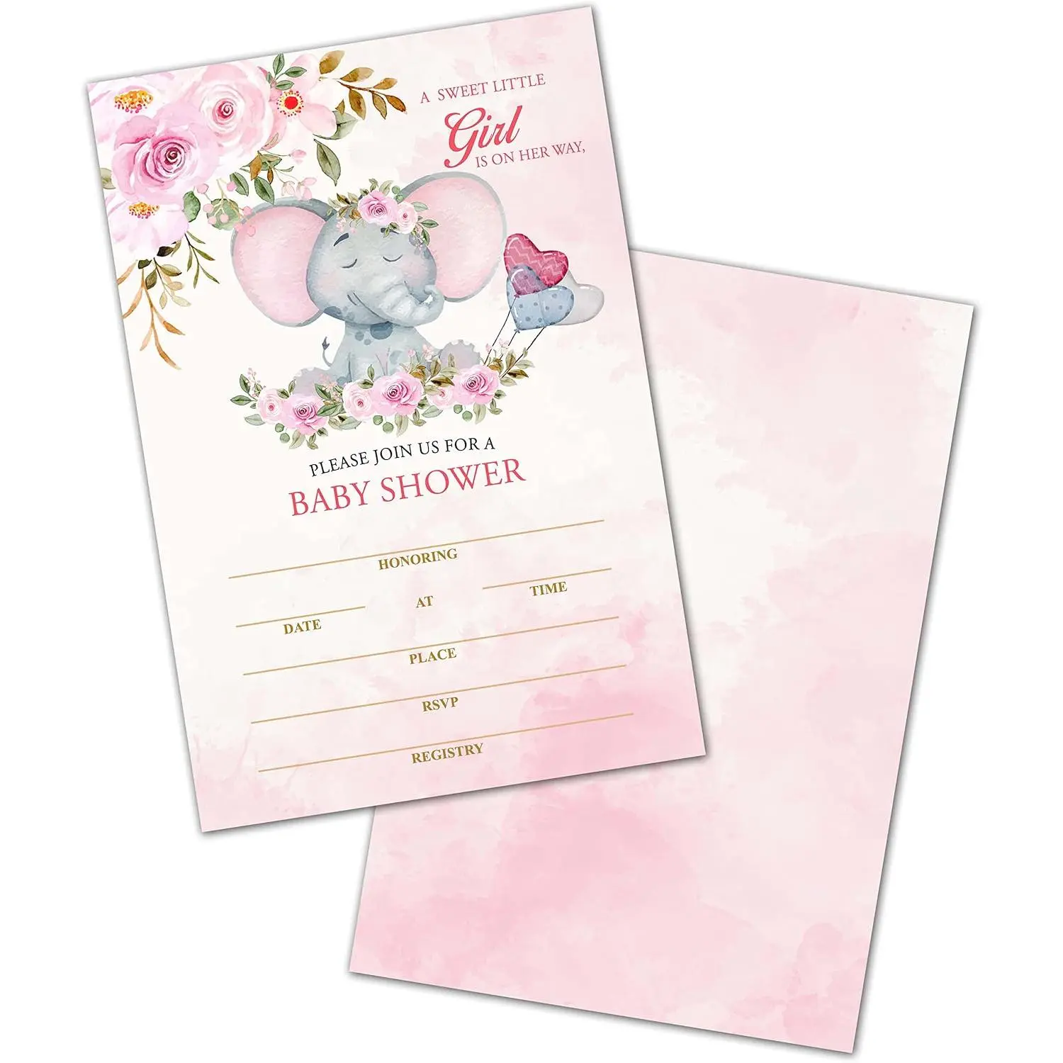 Baby Shower Invitations For Girl, Baby Elephant Gender Reveal Invitations With Envelopes, Elephant Baby Shower Invites Cards For Girl, 25 Invitations & 25 Envelopes