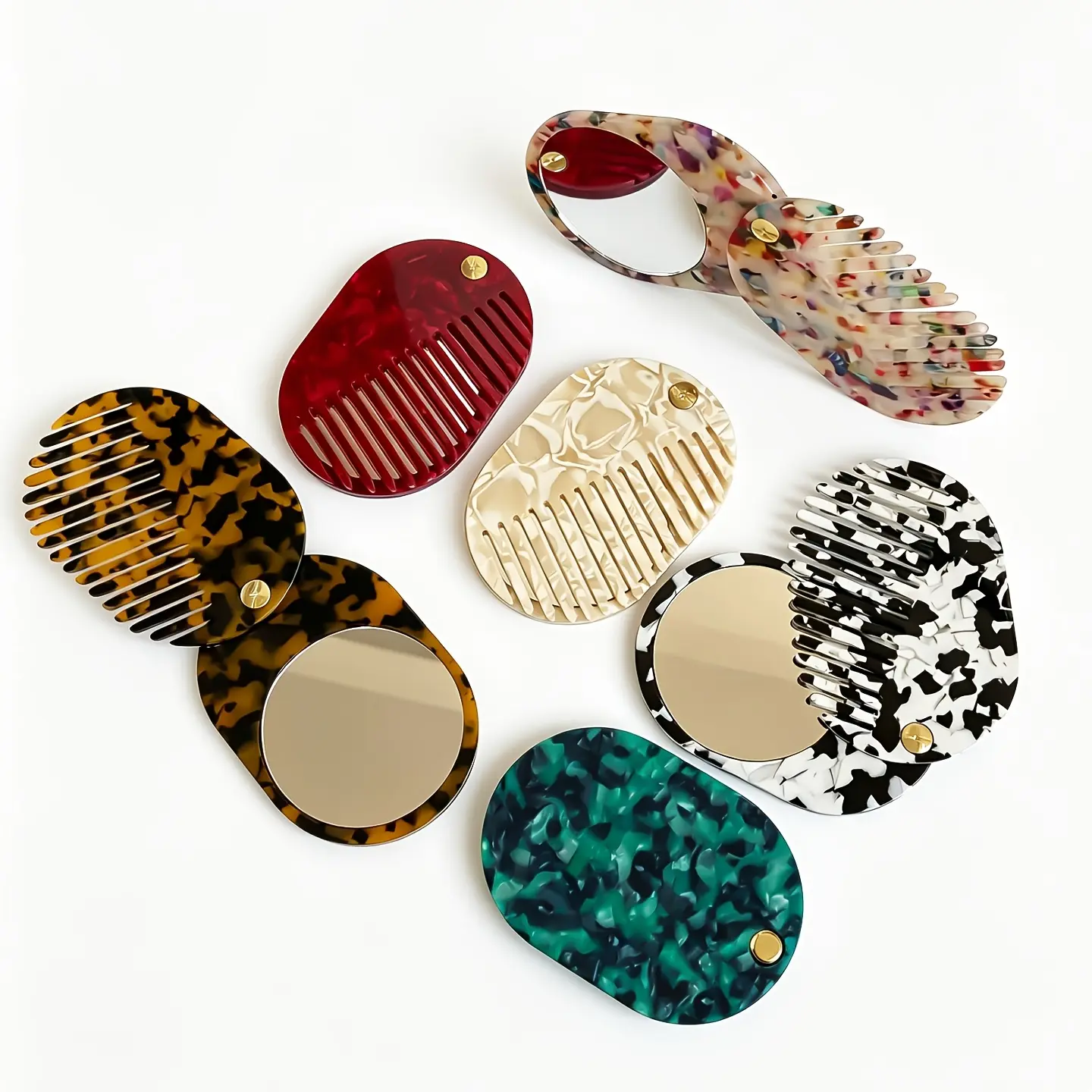 [Travel Hair Comb] 2-in-1 Folding Mirror Comb & Sliding Cover Hair Comb Suitable for Travel, Portable Wide-Tooth Detangling with Acetate Board & Sliding Mirror Cover, Anti-Static Hairbrush for Normal Hair Care, Compact for -the- Styling for