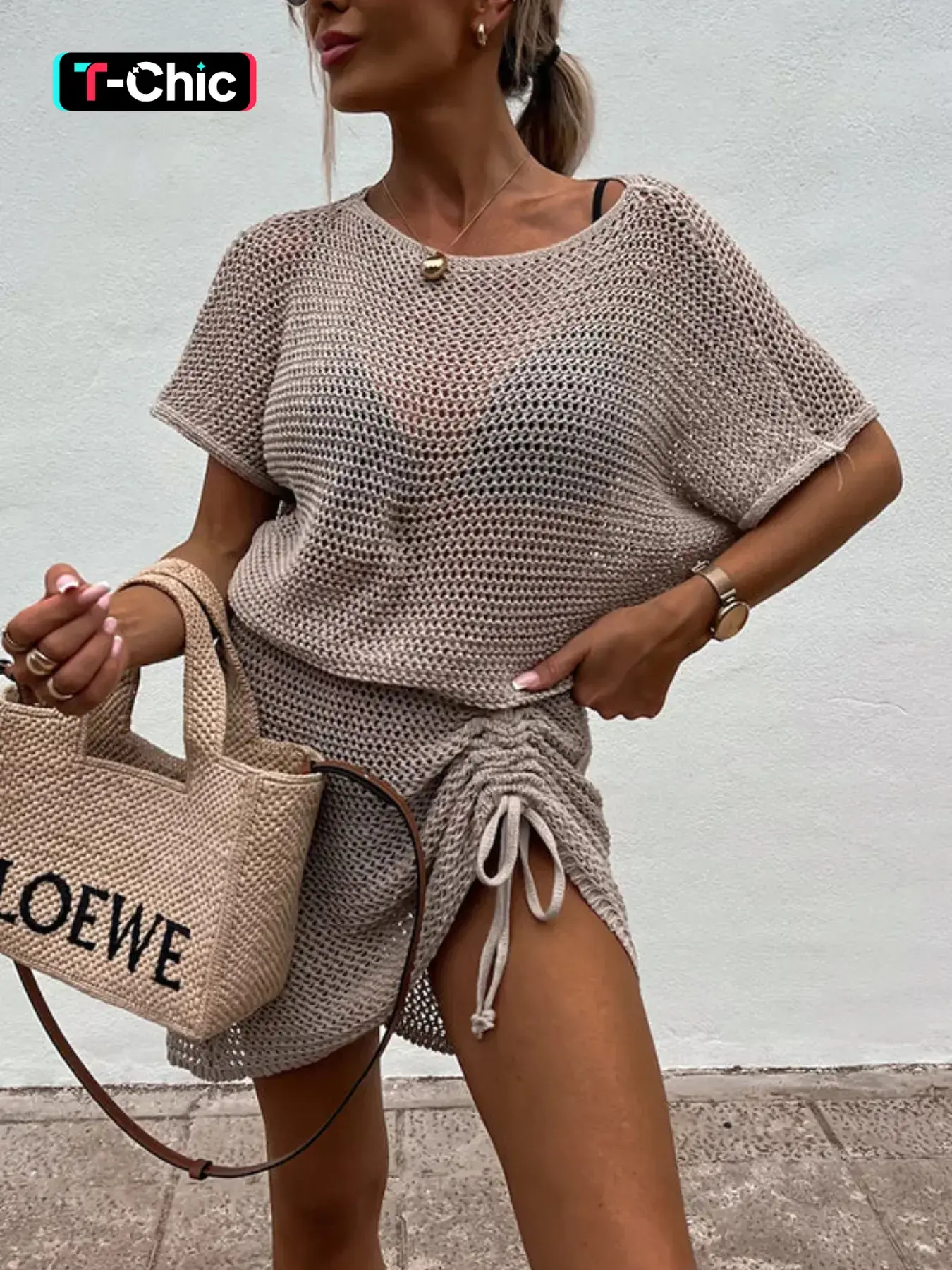 Women's Solid Color Hollow Out Knit Sweater Dresses, Casual Fashion Round Neck Adjustable Drawstring Dresses, Ladies Summer Clothes Beach Casual Wear for Daily Wear, Everyday, Fit Lightweight, Womenswear