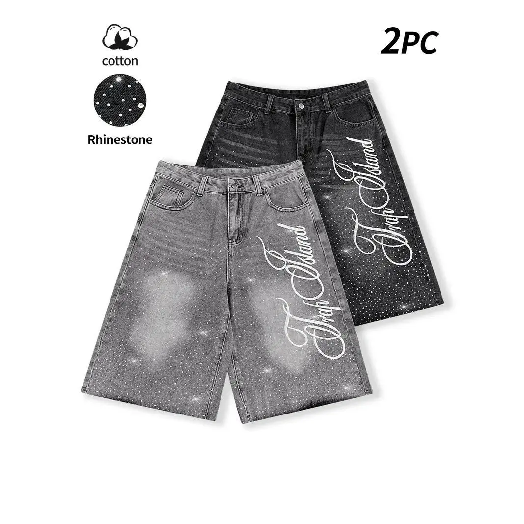 Streetwear Grey Embroidered Jeans: vintage-style, distressed, diamond-studded, embroidered casual jeans two-piece set, including cropped jeans, letter-embroidered casual jeans, American street style, fashionable daily wear denim Embroidery