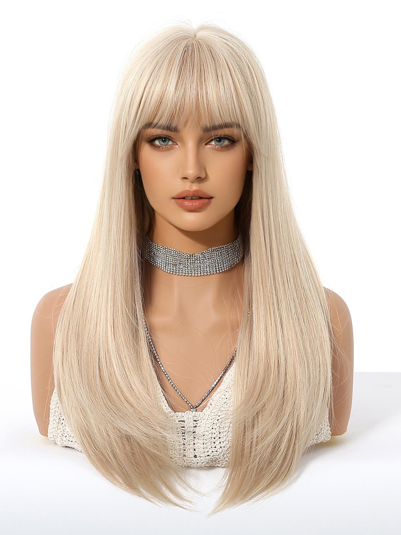 22 Inch Long Straight Wigs for Women, Gorgeous Fluffy Wigs with Bangs, Synthetic Full Machine Wigs for Party, Daily Use, Synthetic Hair Wigs