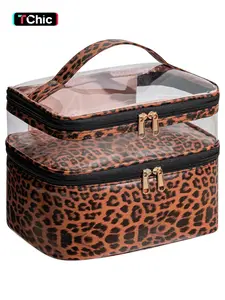 Leopard print leather cosmetic bag with top handle, large capacity retro chic makeup storage bag, waterproof travel toiletry bag for women