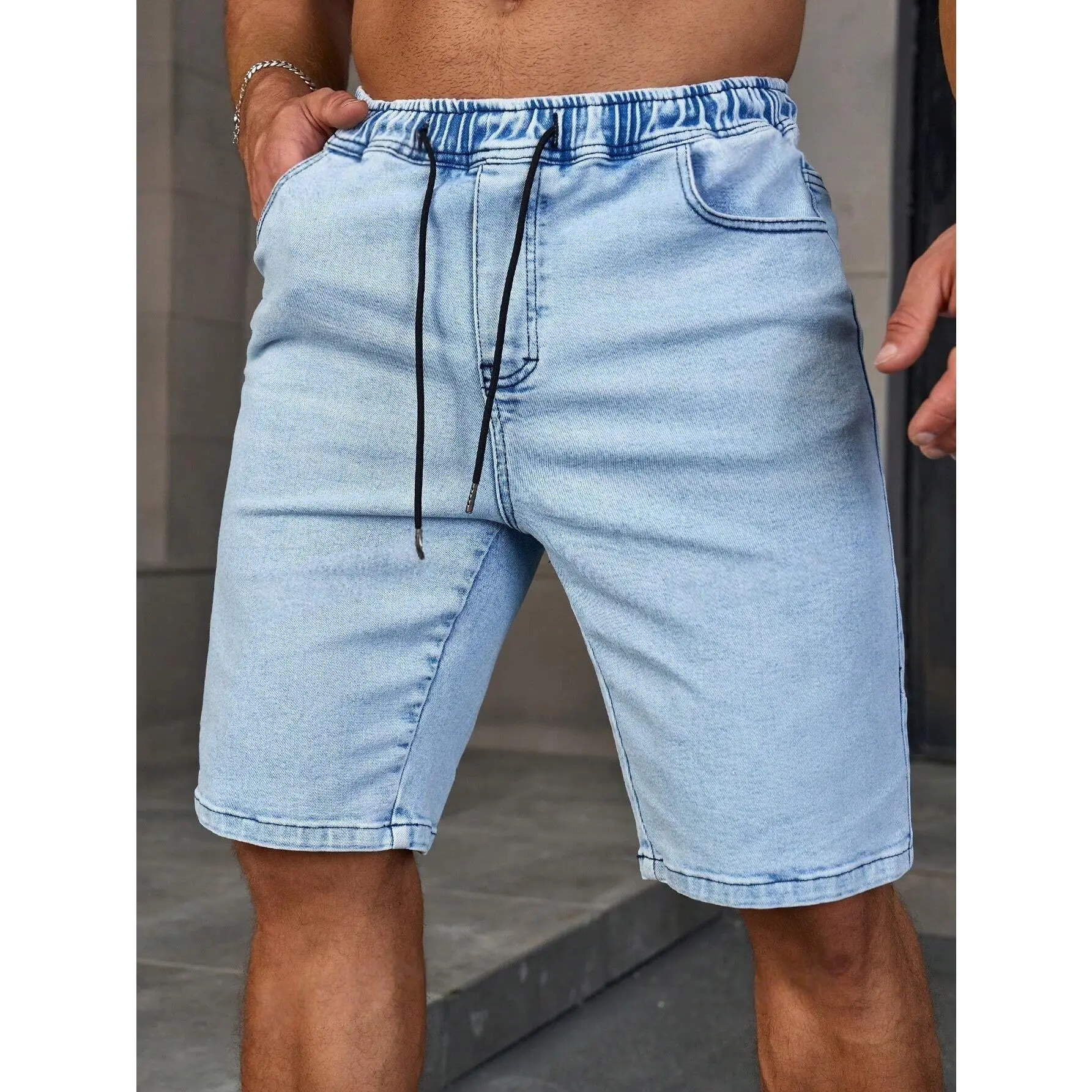 Men's Athletic Denim Jorts, Golden Slim-Straight Fit Plain Stretch Cotton with Elastic Drawstring Waist for Summer, Vibe, Menswear, Minimalist, Tapered, Black, Shorts, Vintage, Casual, Uniform, Yarn, Basic, Fabric, Outdoor, Halloween