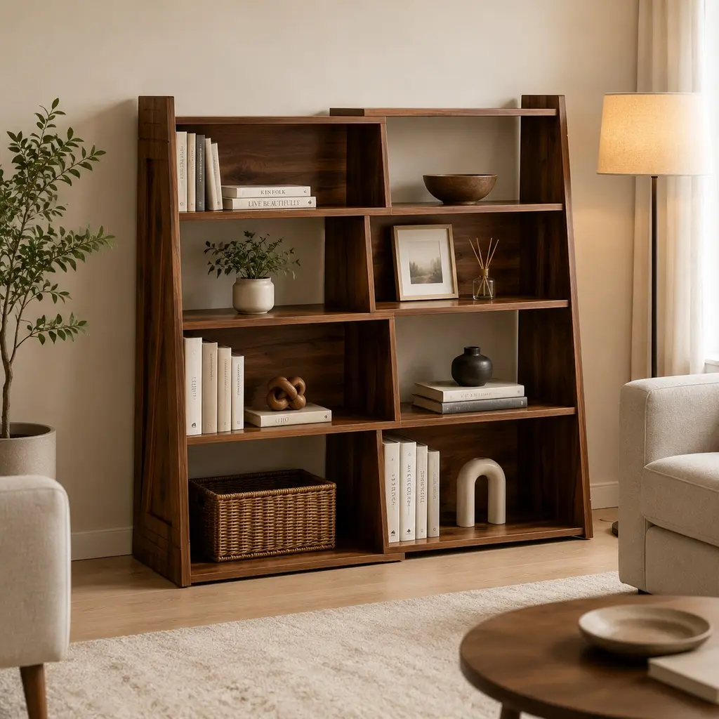 ARCH Convertible Modular Walnut Bookcase 3-in-1 Asymmetrical Open Display Shelf, Multi-Grid Storage Rack for Living Room, Home Office, Study, Bedroom, Corner, Partition Wall, Natural Wood+Brown MDF, 11.8Wx47.2Dx42.5H in, Natural Wood+Brown Color