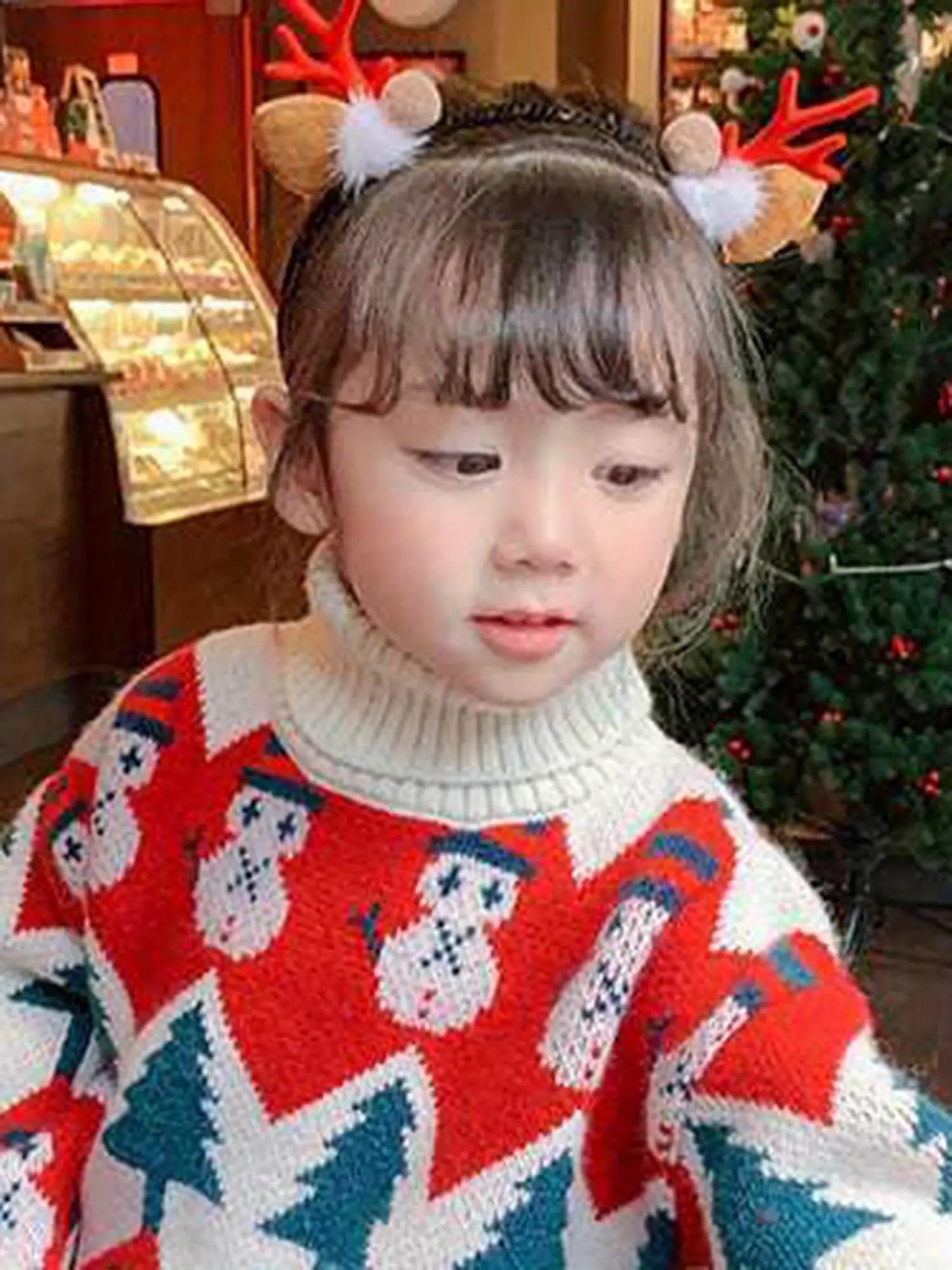 Girls' Red White & Blue Christmas Sweater - Cozy Turtleneck Pullover with Snowman & Tree Pattern, Batwing Sleeves, Loose Fit Winter Outfits for Holiday Parties & Casual Attire (Hand Washable)