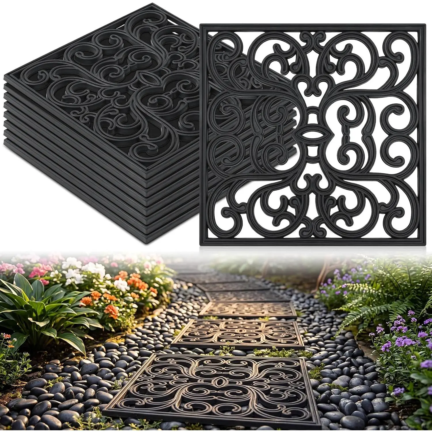 8 count Rubber Stepping Stones Outdoor Garden Walkway, 12 x 12 Inch Heavy Duty Pathway Pavers Retro Decorative Stepping Stones for Outside Landscaping Yard Lawn Path (Scroll Square,Black)