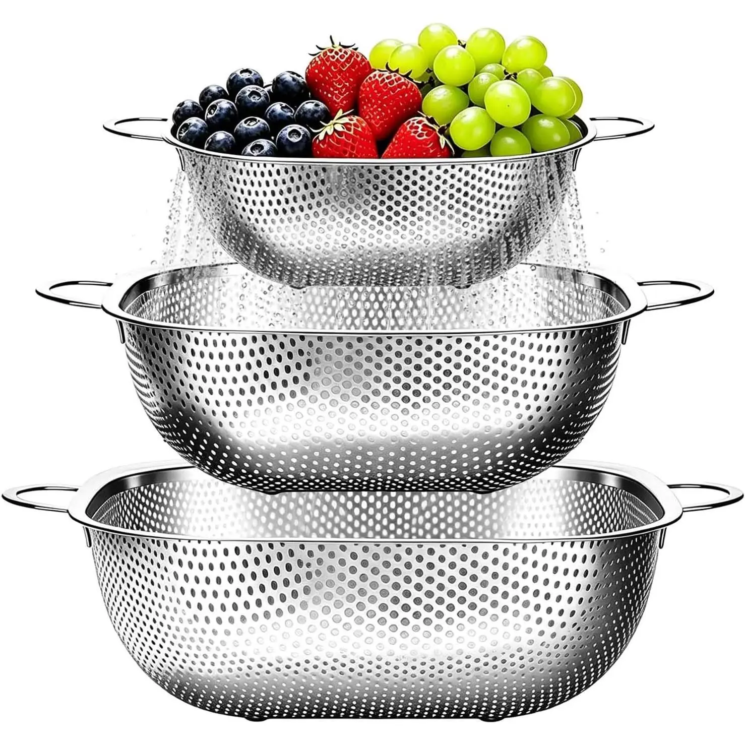 Stainless Steel Colander Set, Strainers and Colanders for Kitchen | 3 count Square Metal Colander Set, For Washing Draining Rinsing Spaghetti Fruit , Dishwasher Safe & , 2.4 / 4 / 6 Qt
