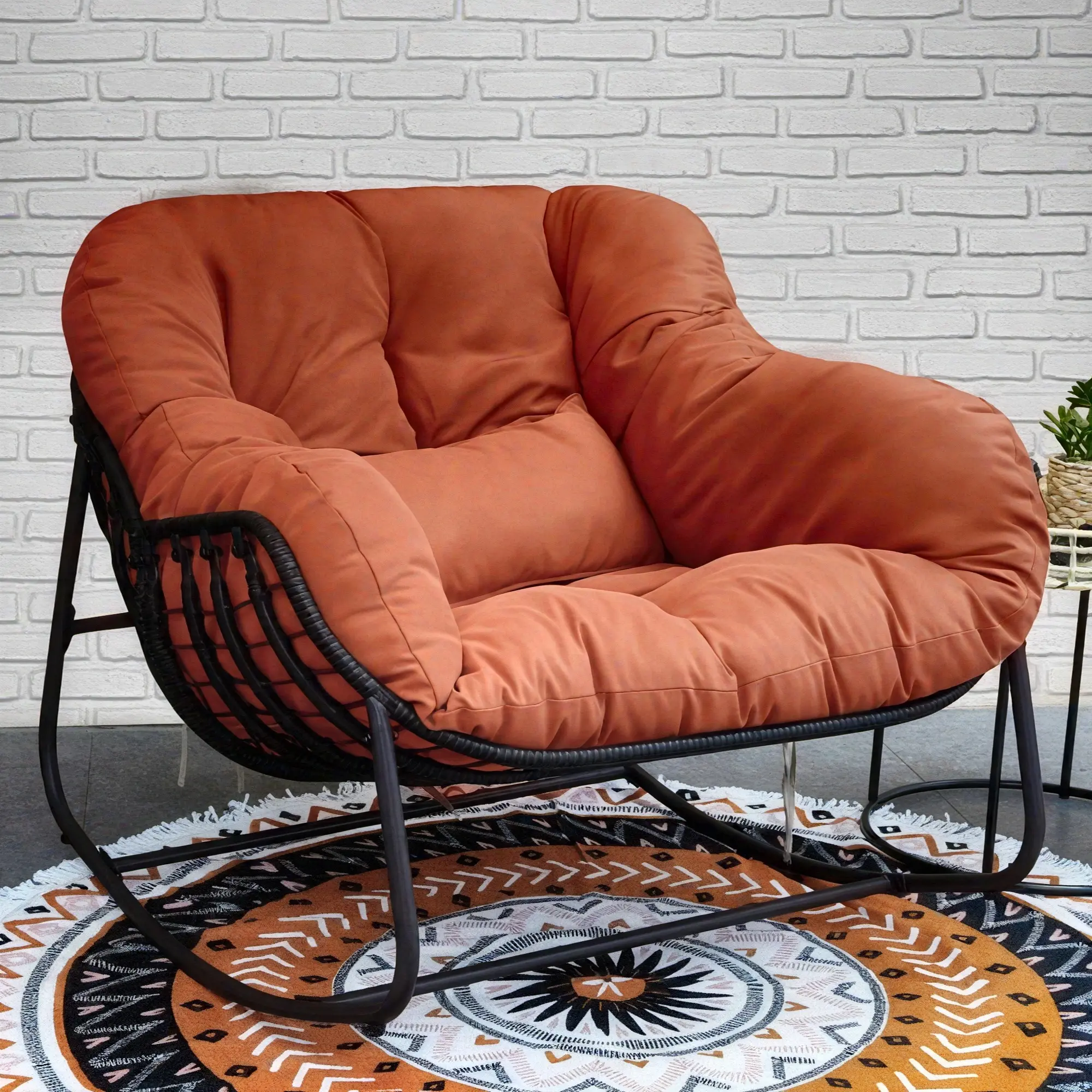 Outdoor Papasan Rocking Chair, Wicker Papasan Patio with Cushion And Pillow, Large Papasan Rocker Egg Chair for Garden And Patio
