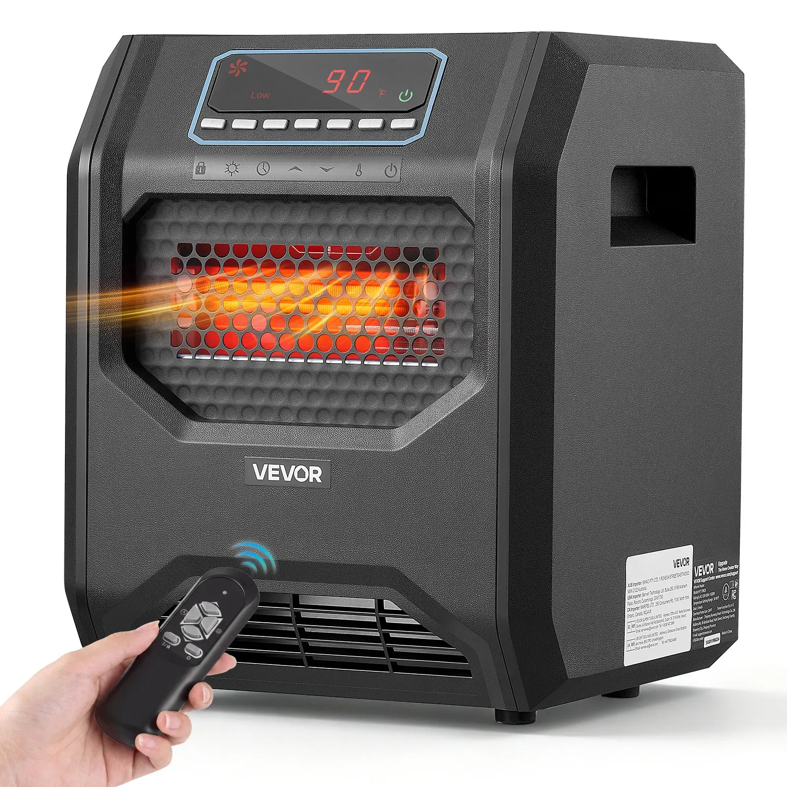 VEVOR Compact 1500W Max Infrared Electric Space Heater - Black, 3 Heat Settings, 12H Timer, Overheat Shut-off, Portable Wheels, 25cm Premium ABS Plastic, Remote Control, Indoor Use for Bedrooms, Offices
