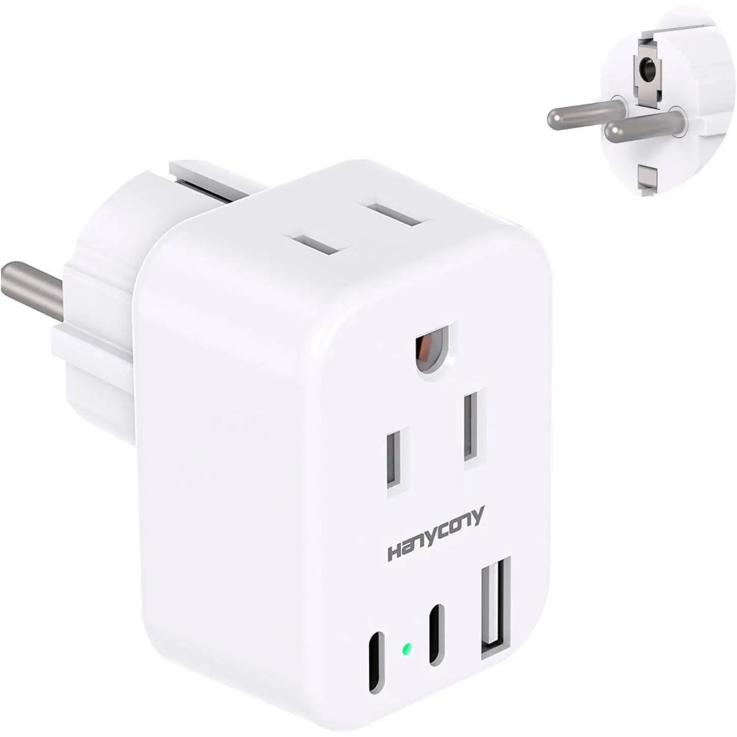 E F Plug Adapter, US to Europe EU Germany France Travel Power Adaptor |   Travel Plug Adapter Schuko Plug, 2 Outlets 3 USB Ports(2 USB C) for US to Europe EU Spain Iceland Korea Greece German French