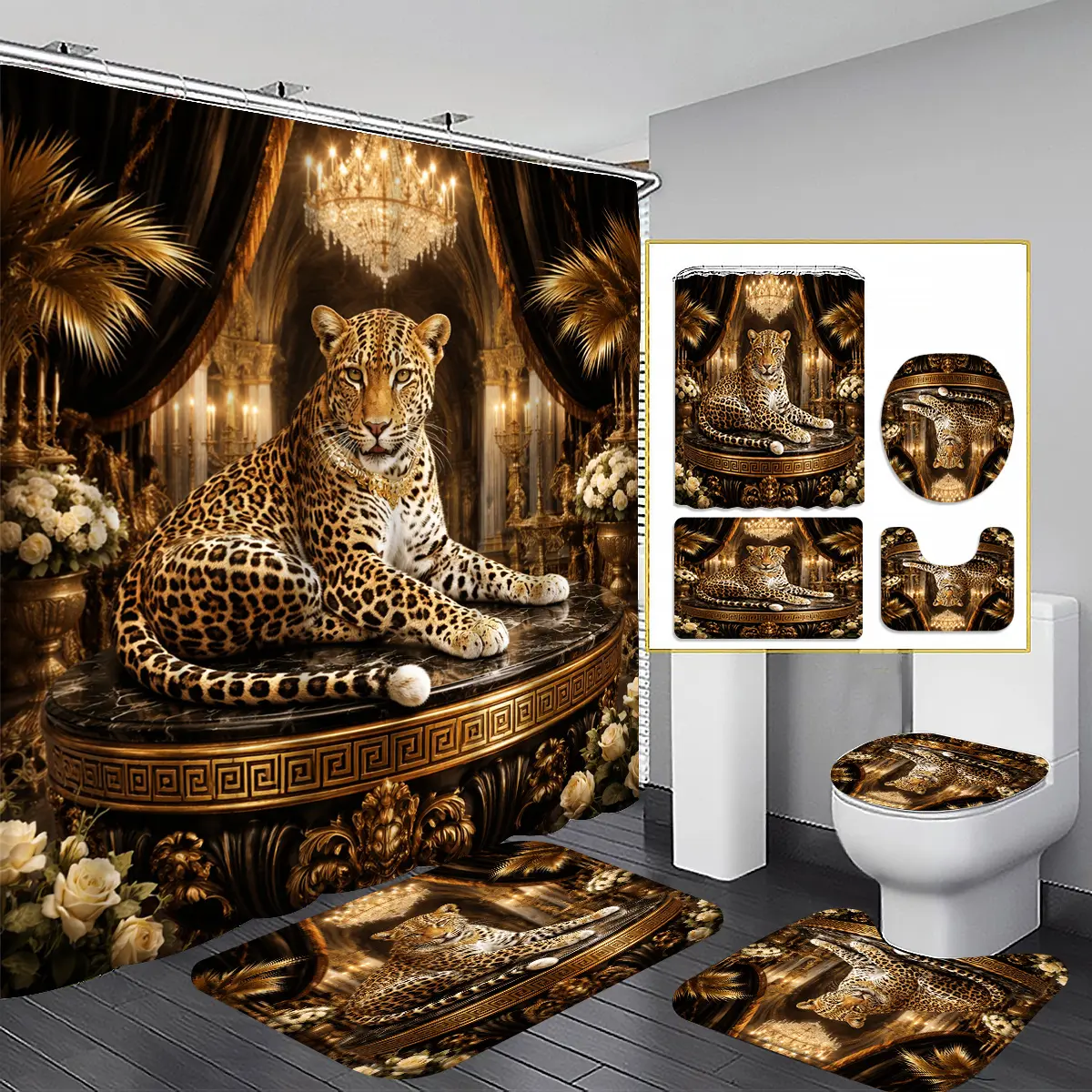 4-Piece set, majestic leopard print shower curtain set for bathroom, golden leopard print and luxury decorative bathroom decoration, plus U-shaped toilet cover, luxury wildlife park, home decoration