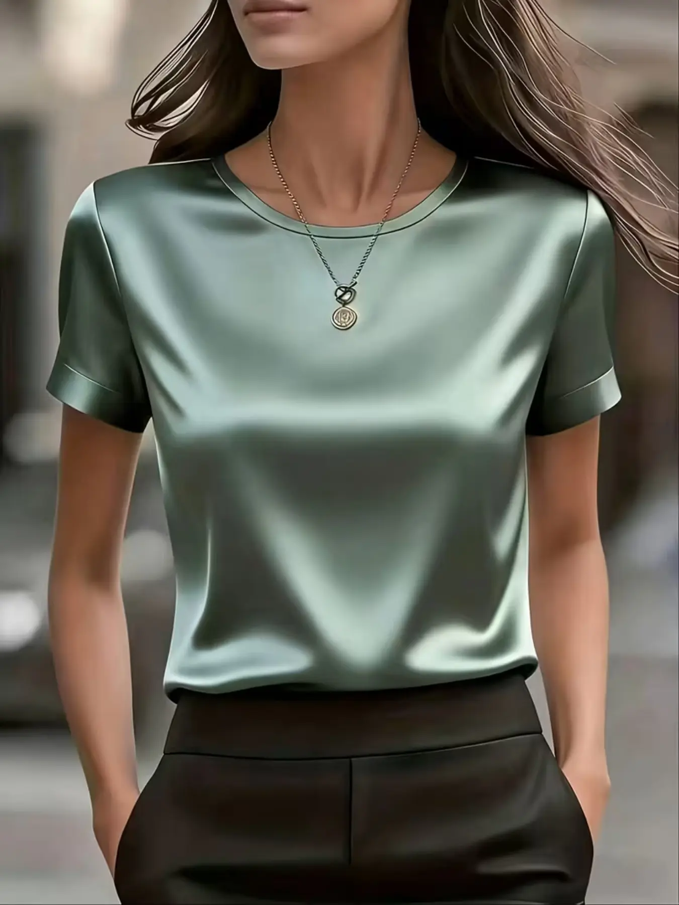Women's Short Sleeve Round Neck Satin Smooth Shirt, Elegant Simple Solid Top, Lightweight T-Shirt for Spring Summer Fall, Versatile Casual Formal Wear