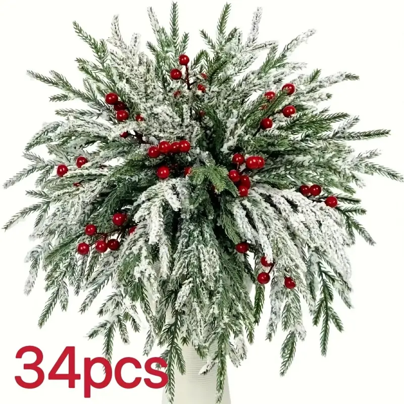 34 realistic artificial snowflake pine branches with red berries - 13.7 inches (35 cm) winter fake greenery, plastic fake pine needles, perfect for DIY crafts, vase fillers, Christmas, Halloween, Hanukkah, Valentine's Day, and home table decor