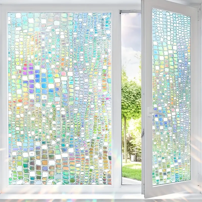 1PC Window Privacy Film – Colorful Rainbow Stained Glass Effect, Sun-Blocking & Decorative 3D Static Cling for Home Bathrooms