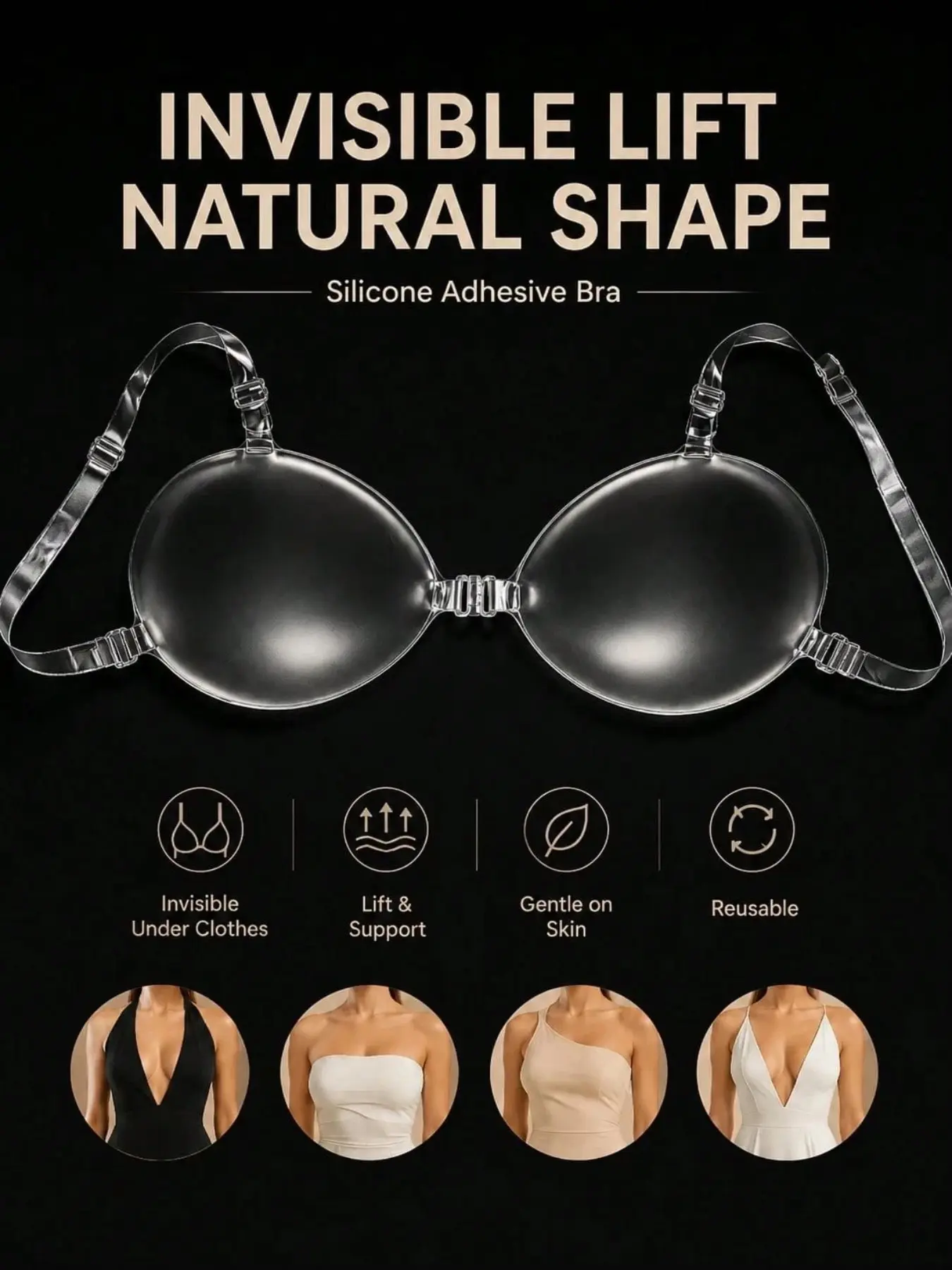 Transparent Silicone Seamless Bra Sticker, Hidden Adhesive Push-Up Balconette, Max Support, Unlined, Summer Wedding Dress Use, Includes 30 Pads