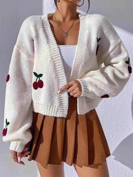 【Plus Size】 Cherry Embroidery Drop Shoulder Open Front Cardigan, Casual Long Sleeve V Neck Knitwear for Spring & Fall, Women's Plus Clothing for Daily Wear