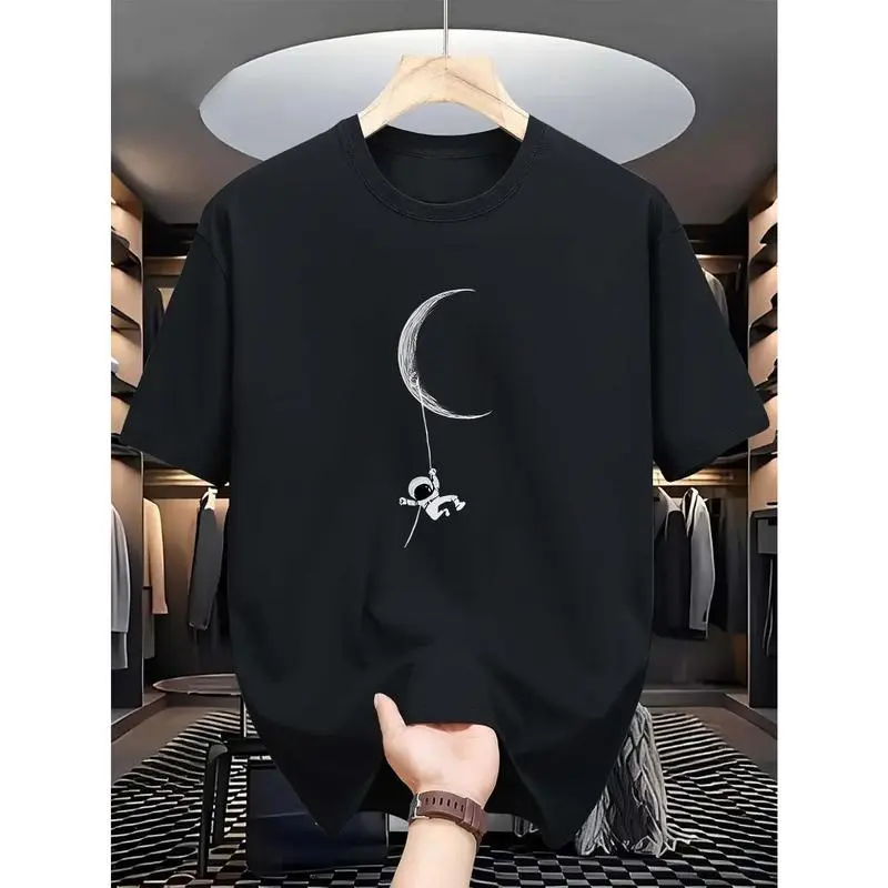 Minimalist Astronaut Moon Swing Line Art Graphic Oversized Comfort Cotton T-Shirt, Space Galaxy Fashion Outfit, Lovely Valentine Gift For Him Her Space Lover Friends, Simple Casual Streetwear Tee