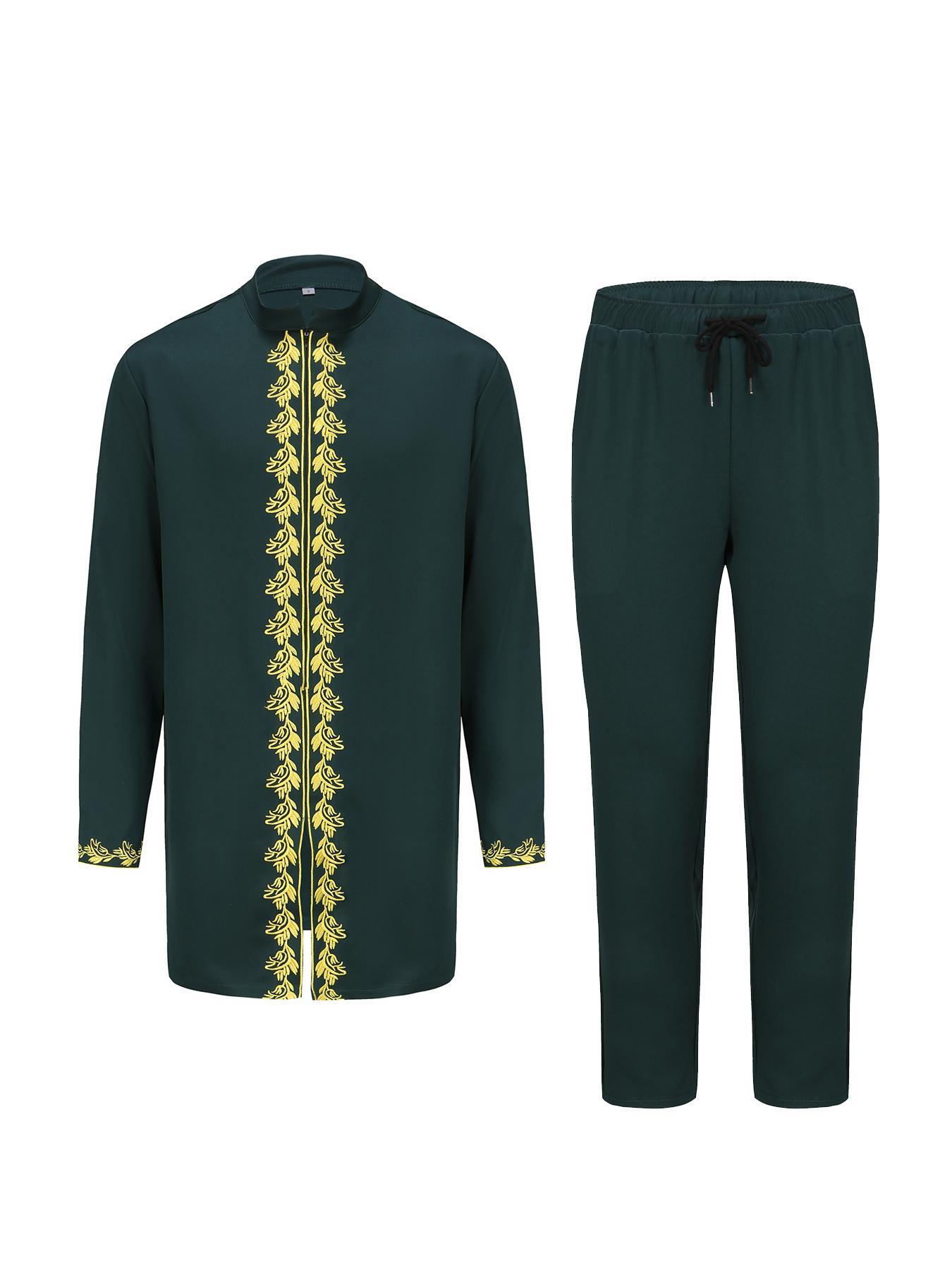 Men's Ethnic Pattern Embroidery Long Sleeve Top & Pants Two-piece Set, Regular Fit Traditional Top & Trousers for Party Holiday Vacation, Fashion Men's Two-piece Outfits for All Seasons, Kurta Suit