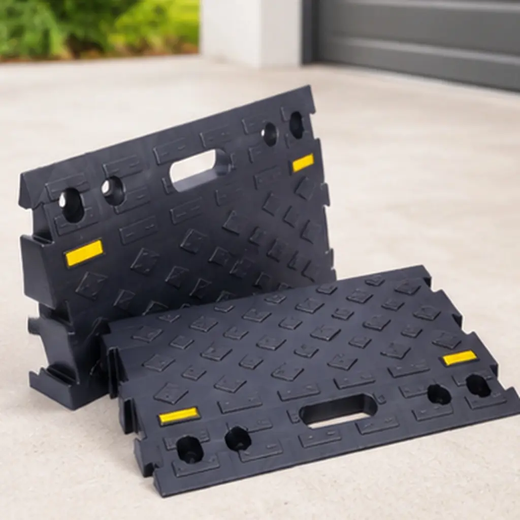 ARCH 4-Inch High 2-Piece Interlocking Plastic Curb Ramp Set, Heavy-Duty Grid Structure Garage Ramp with 6600 Lbs Load Capacity, High-Traction Solution for Cars, Wheelchairs, Portable Black Threshold Track