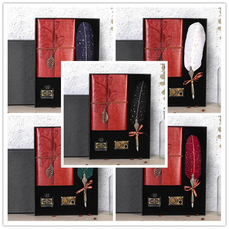 Creative Feather Design Pen Set, 1 Set Vintage Style Feather Design Pen & Note Book Set, Gift for Family & Friends & Teacher, Travel Diary Notebook