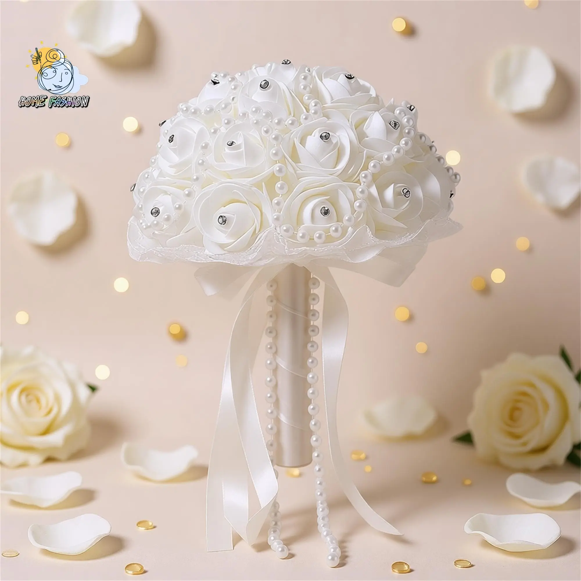 Elegant Plastic Beaded Artificial Rose Bouquet Arrangement, Decorative Flower for Bridal Photo Booth Props, Wedding Decorations