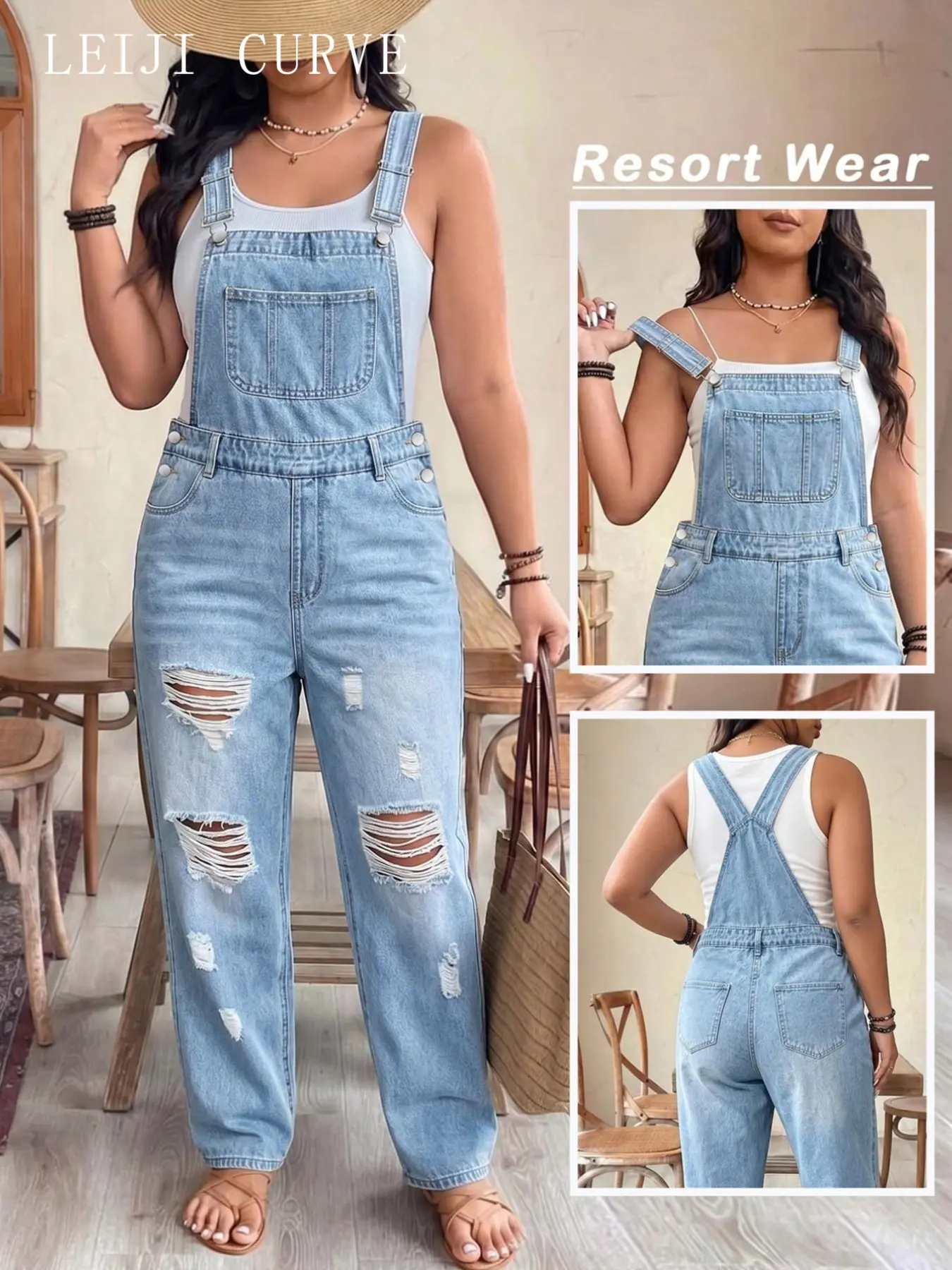 Plus Size Light Blue Washed Ripped Edge High Waist Denim Overalls, Adjustable Straps, Baggy, Loose Fit, Oversized, Casual Summer Vacation Style, Long Jeans