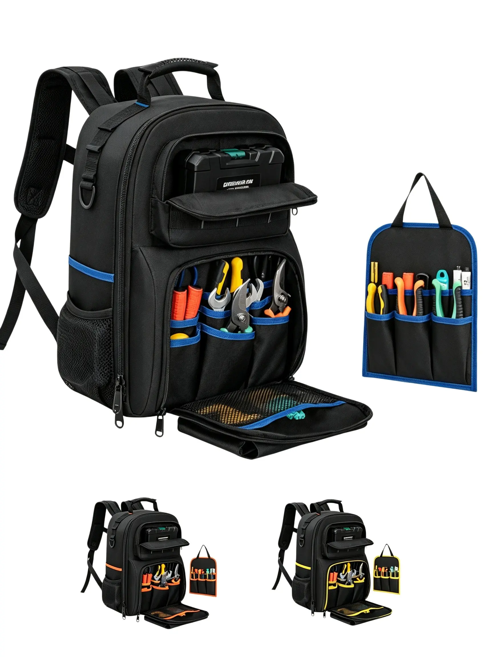 Tool Backpack with Thick Shoulder Pads, Detachable Tool Compartments, Waterproof Work Bag for Electricians, Multi Functional Backpack