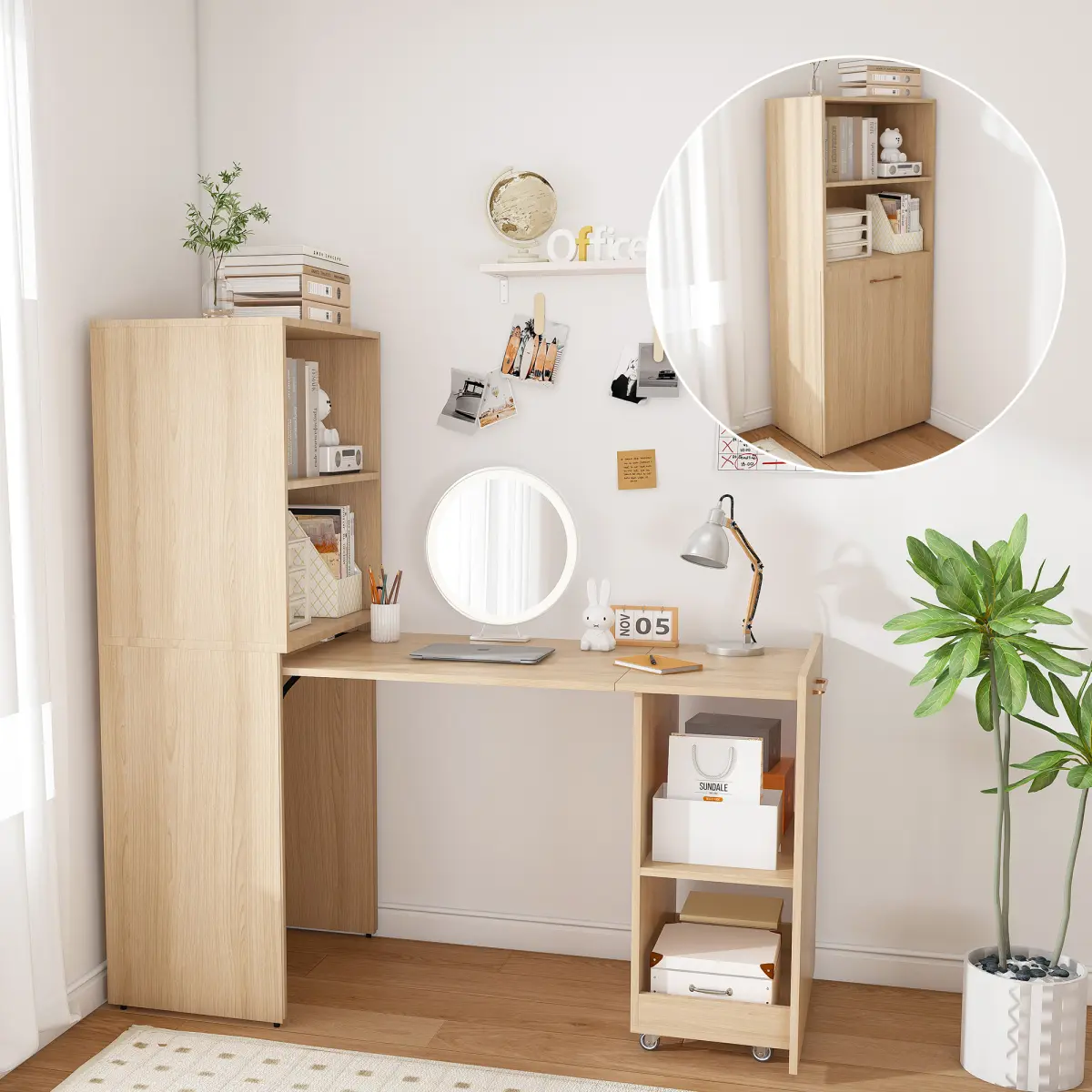 [Bellemave] Stretchable Desk, Office Desk with Storage Shelves and Mobile Wheels, Foldable Desk Suitable for Small Apartments and Offices