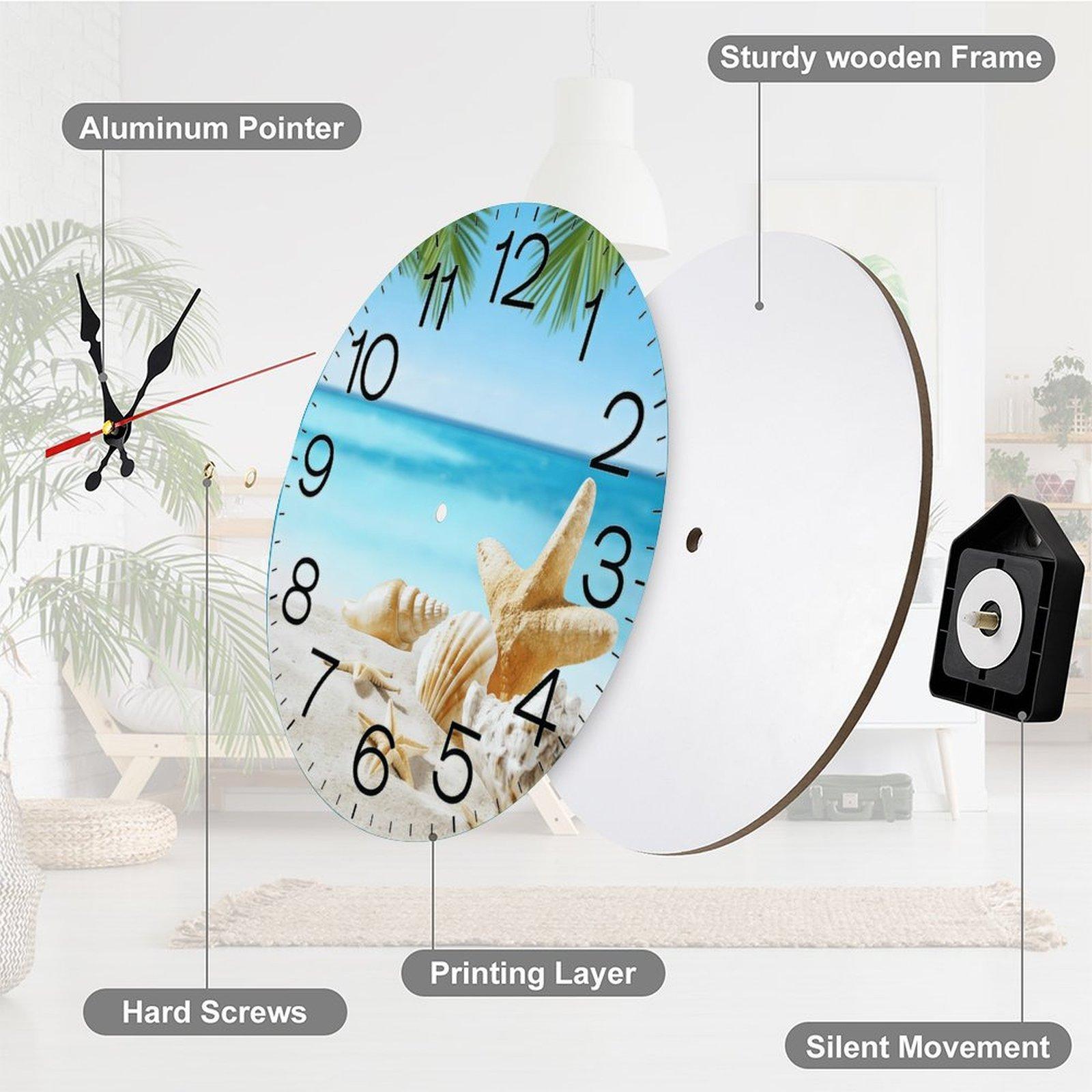 12 Inch Tropical Beach Starfish Seashell Wooden Wall Clock| Silent Non-Ticking Coastal Nautical Decor, Perfect for Bathroom, Beach House, Living Room, Sunroom, No Battery Included