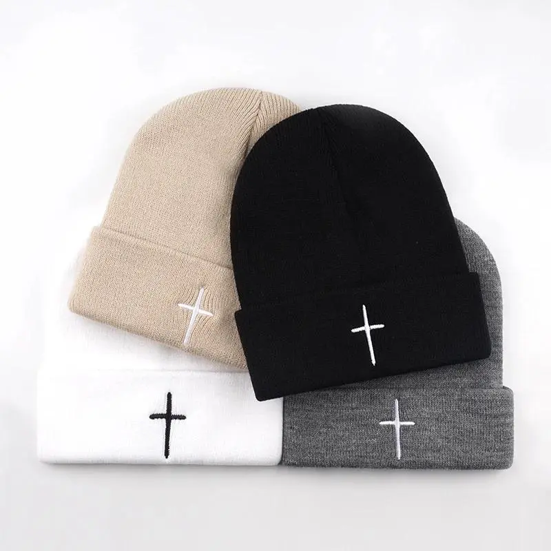 Value Bundle 2-Pack Beanie Hat Set for Adults - Stylish Cross-Embroidered Motif with Stretchable Comfortable Fit and Universal Cold Weather Coverage, Trendy Headwear Accessory, Perfect for Daily Commute, Travel Trip & Shopping Outing
