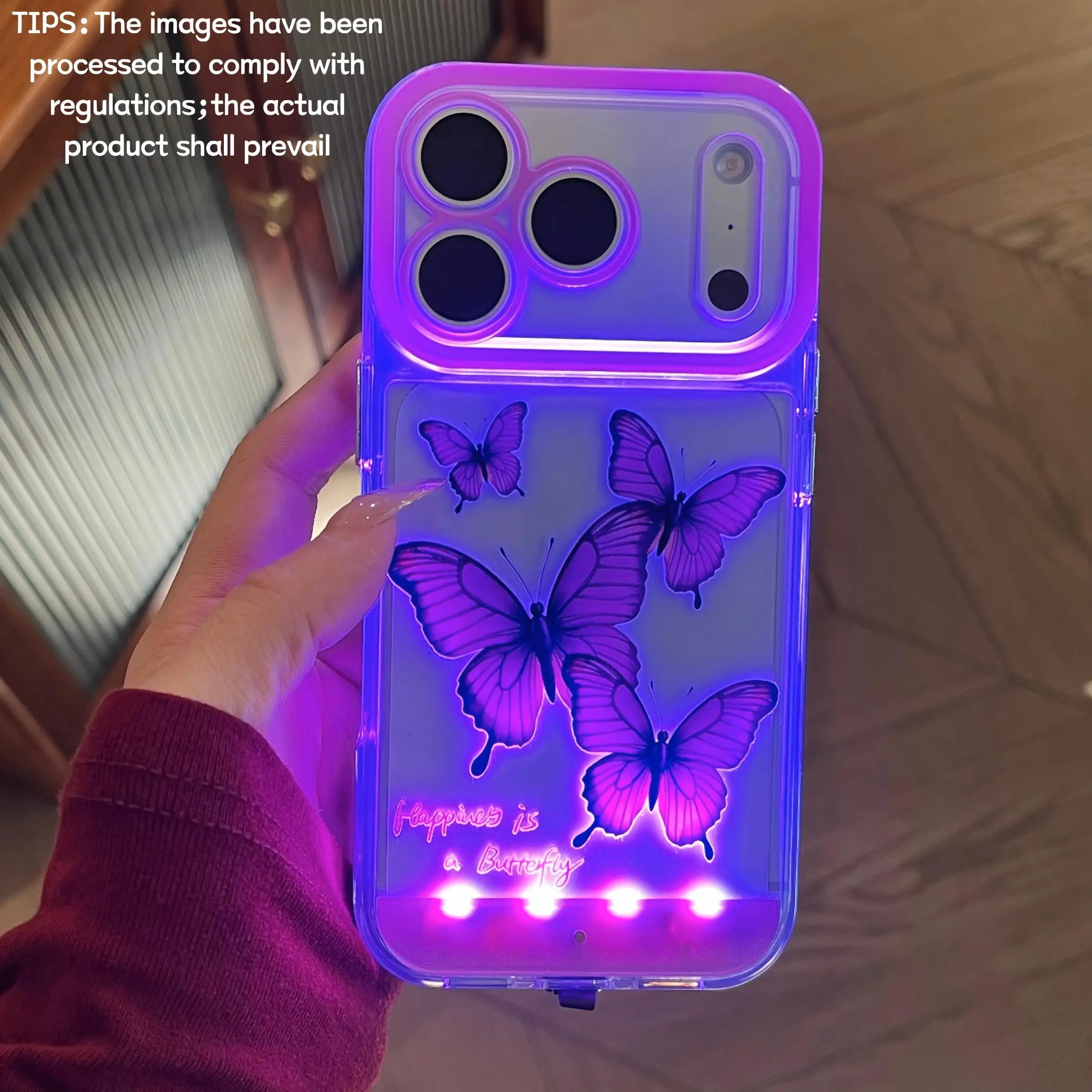 Voice-controlled LED glowing purple butterfly phone case, personalized unique incoming call light design, for iPhone 18/17/16/15/14/13/12/11/x Pro/ProMax/Plus, trendy digital accessory, stylish protective case, unique design suitable for daily use