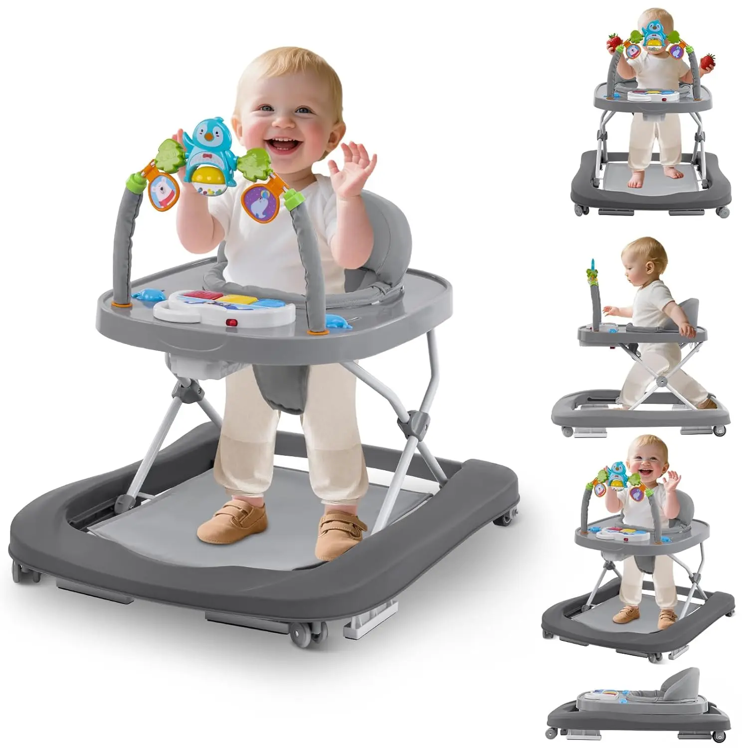 Baby Walker, Music & Removable Footrest with Toys, 3-Height Adjustable, Foldable 4-in-1 Activity Center  Infant and Toddler, Baby Walker  Baby Boy Girls 7–18 Months