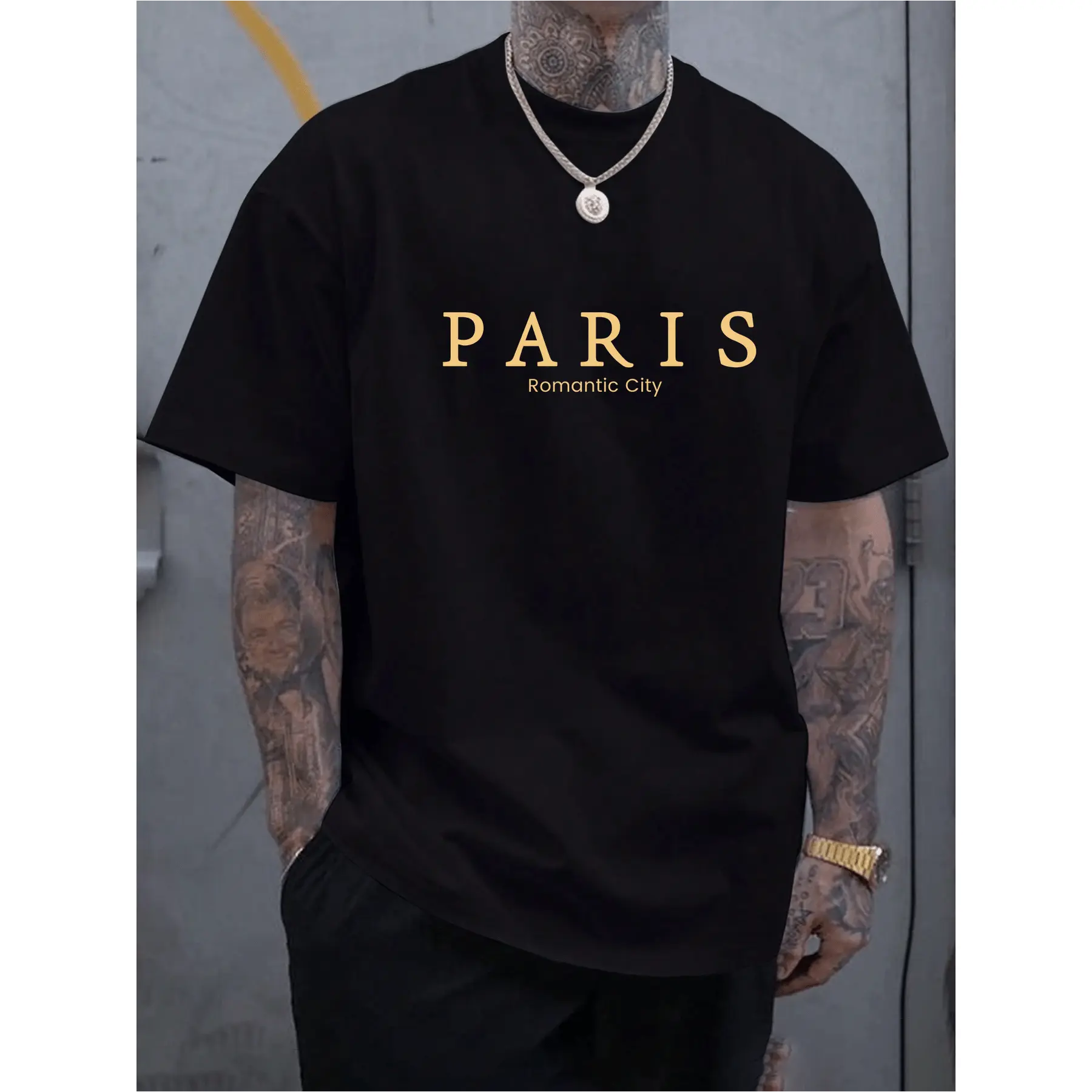 [Paris Graphic Tee] Men's "Paris" Graphic Print Short Sleeve T-Shirt - Casual Crew Neck, Lightweight with Slight Stretch, All-Season Wear, Regular Fit, Summer Tee | Bold Lettering Top | Comfortable Fit Shirt